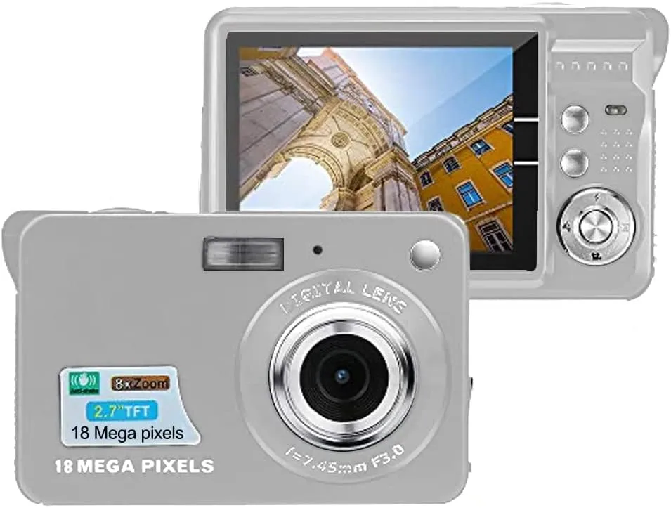 18MP Digital Camera with 2.7' LCD, HD Video, Rechargeable Battery, Anti-Shake, Compact, Silver