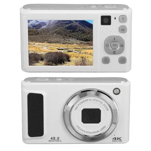 48MP 4K UHD Digital Camera, 16X Zoom, 2.8in Screen, Compact Travel Camera, White