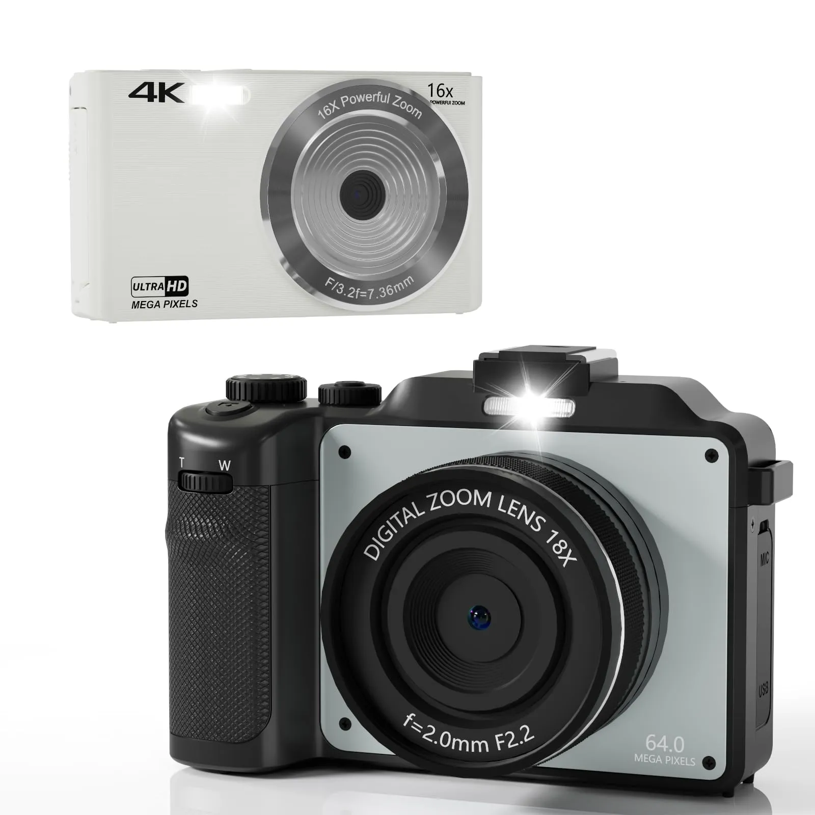 4K 64MP & 44MP Digital Camera Bundle (Black+White) with Autofocus, Streaming, and Compact Design