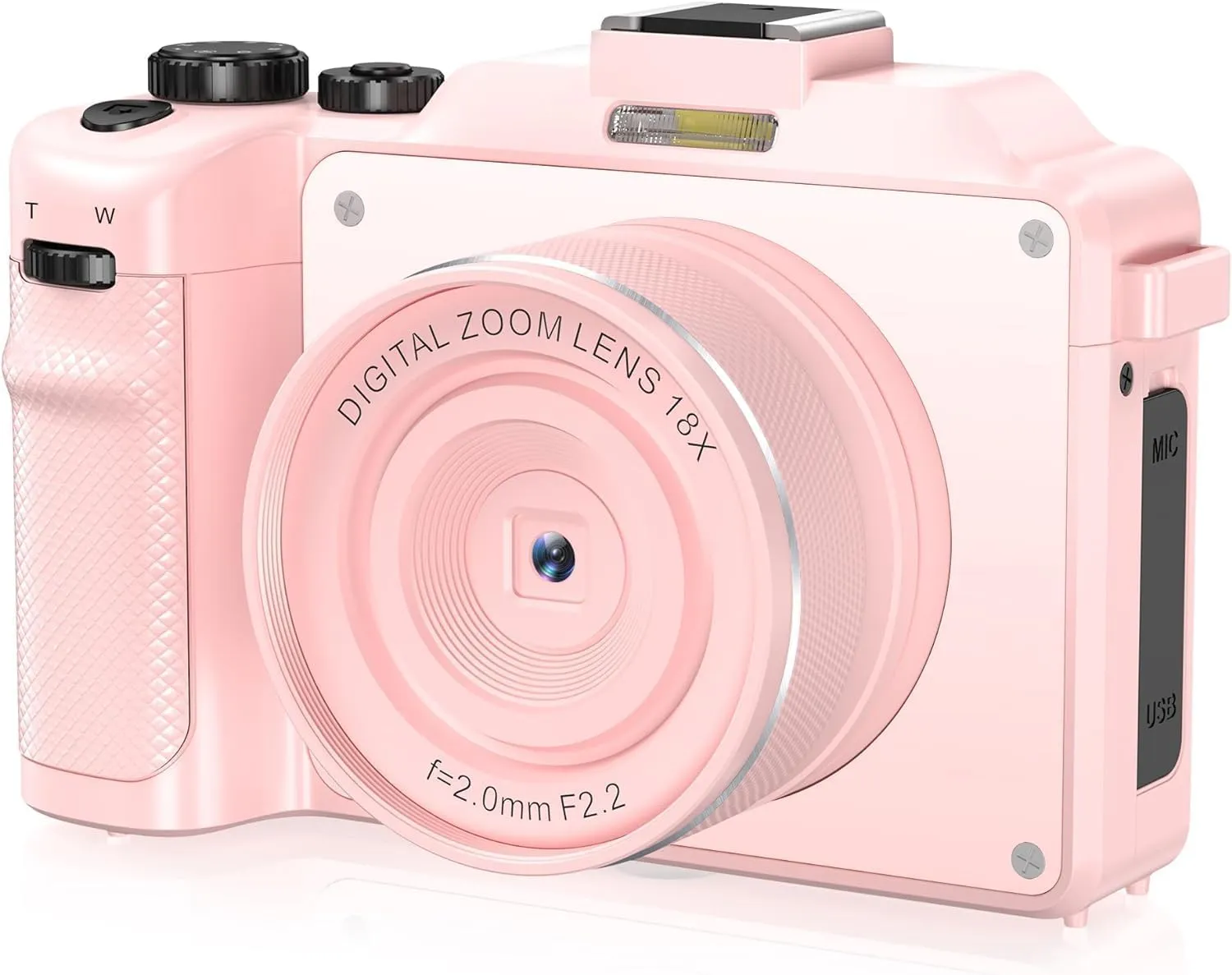 4K Digital Camera, 64MP Autofocus Anti-Shake, 18X Zoom, Compact Travel Camera, Pink