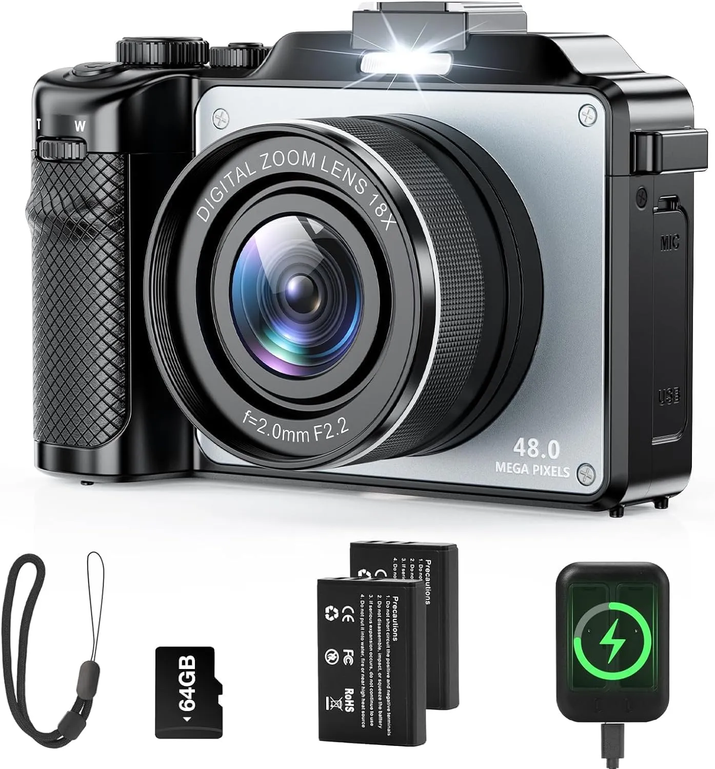 4K Digital Camera 64MP with Autofocus, 18X Zoom, Anti-Shake, Compact Travel Vlogging Camera