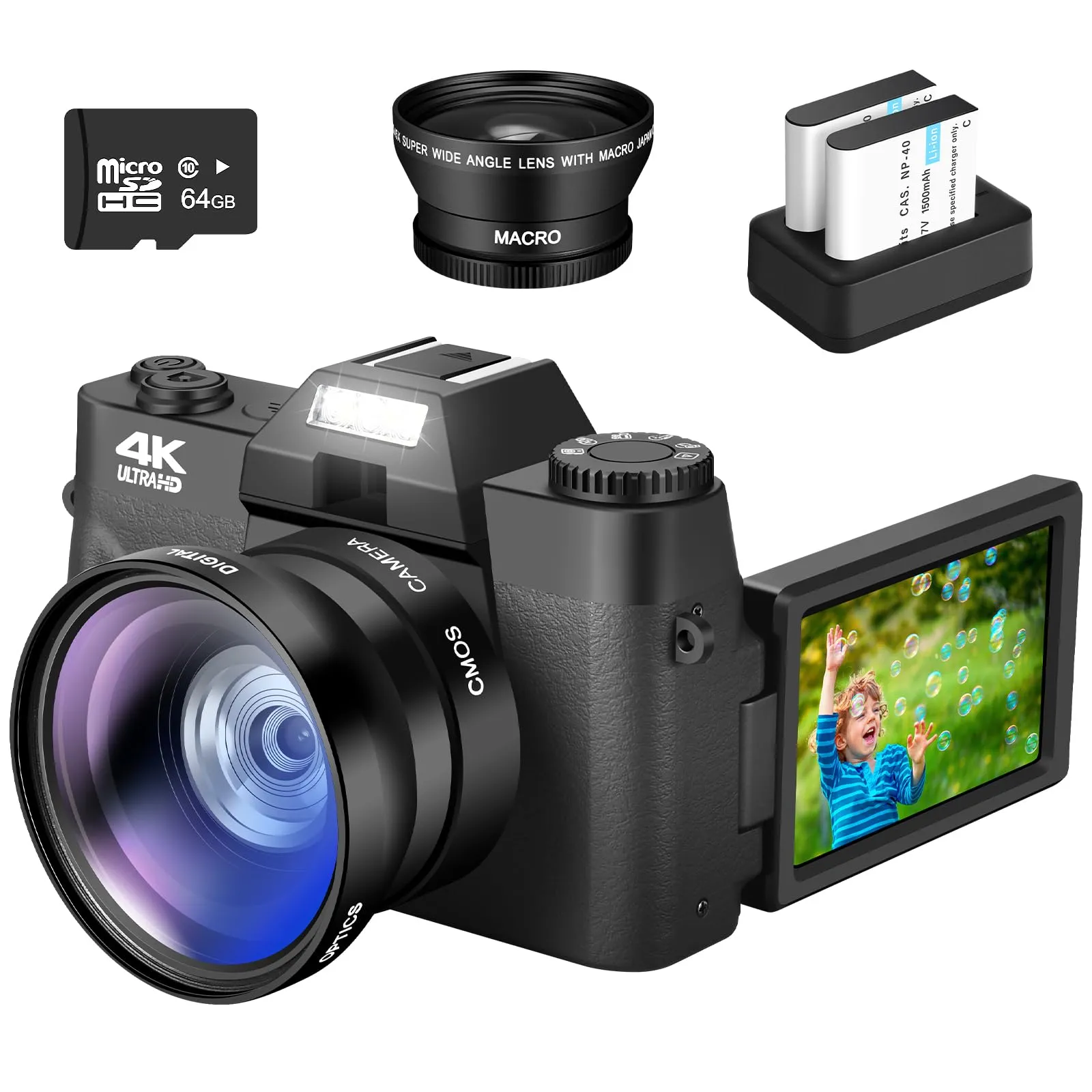 4K Digital Camera with 180° Flip Screen, Vlogging & Photography, Includes 64GB SD Card