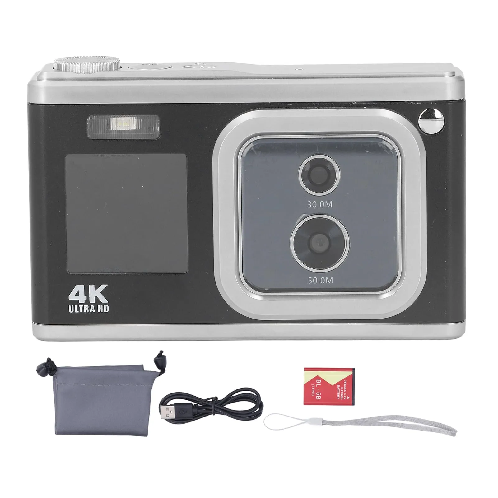 4K Digital Camera with 50MP Auto Focus, Compact Travel Camera - Black