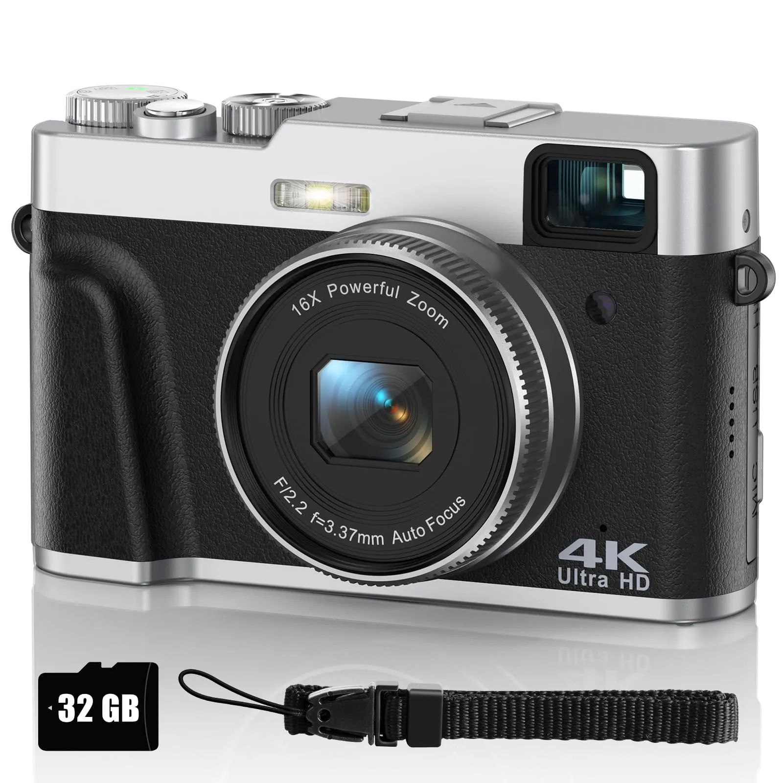 4K Digital Camera with Autofocus & Viewfinder, 16X Anti-Shake Vlogging, Compact Black/Silver