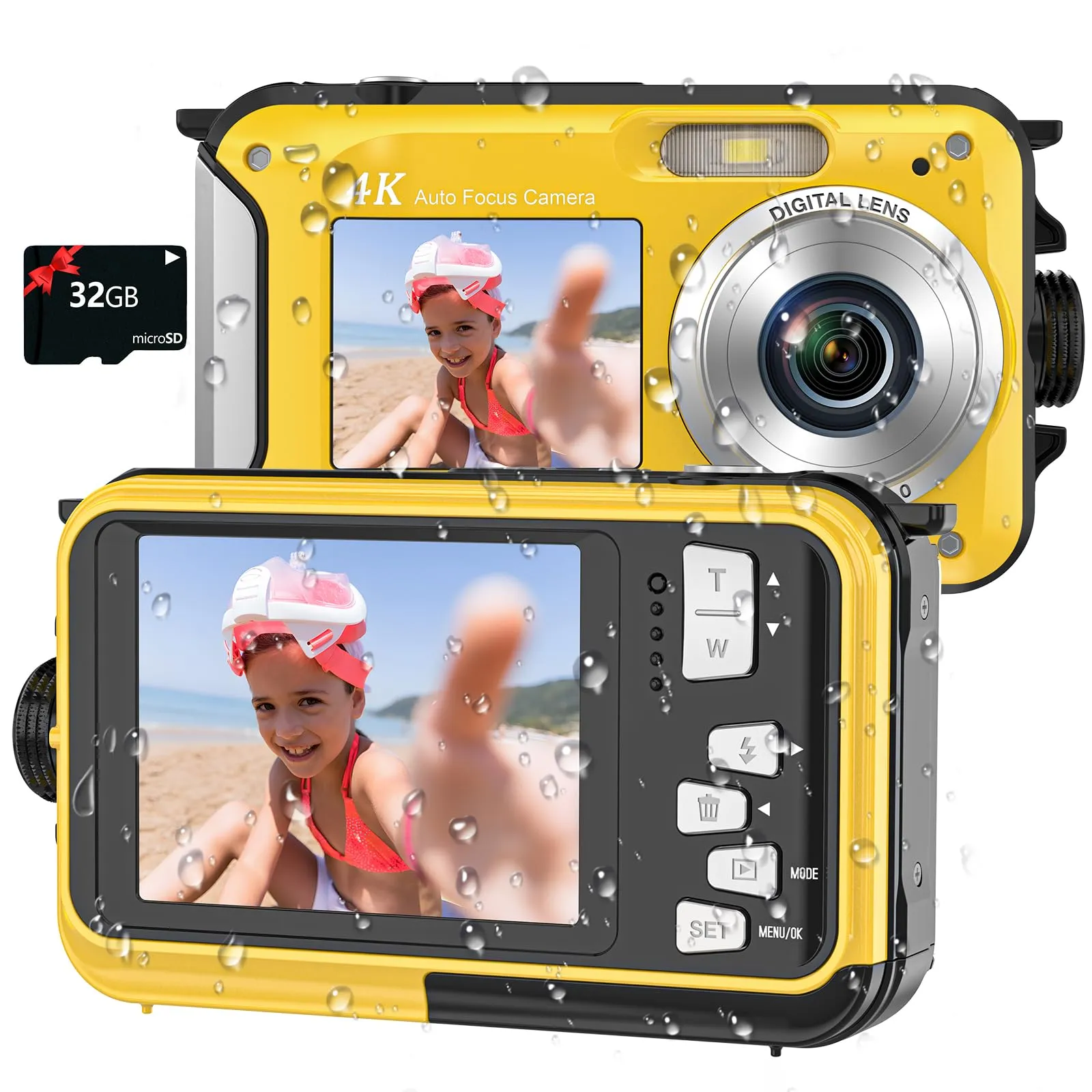 4K Underwater Camera 11FT Waterproof Yellow 48MP Autofocus Dual-Screen Snorkeling Camera