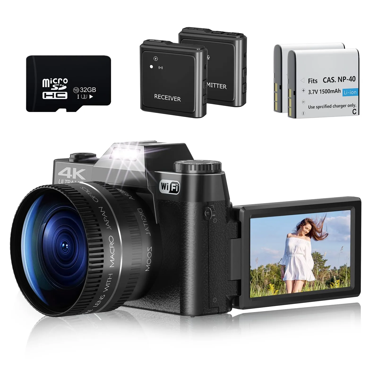 4K Vlogging Camera with 48MP, 16X Zoom, Wireless Microphone, Wide-Angle & Macro Lens (Black)