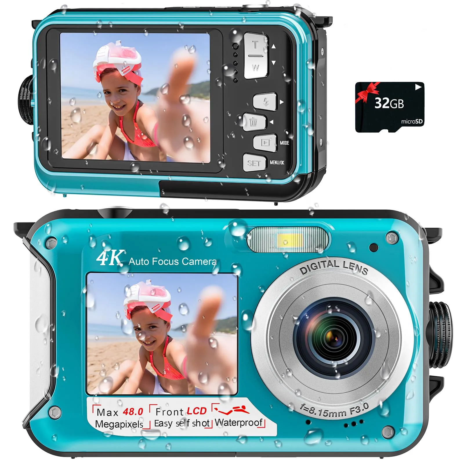 4K Waterproof Digital Camera with 48MP Autofocus, Dual-Screen, 11FT Depth, 32GB Card (Blue)