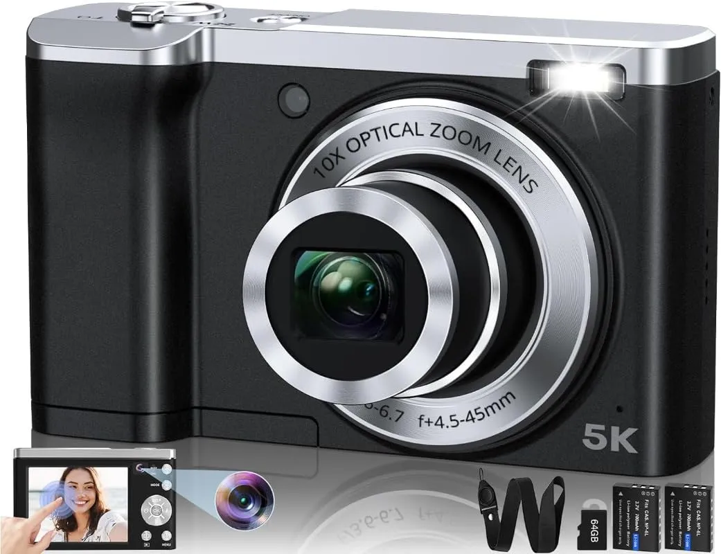 56MP 5K Digital Camera 2024 with Autofocus, 10X Optical Zoom & 6-Axis Anti-Shake, Black