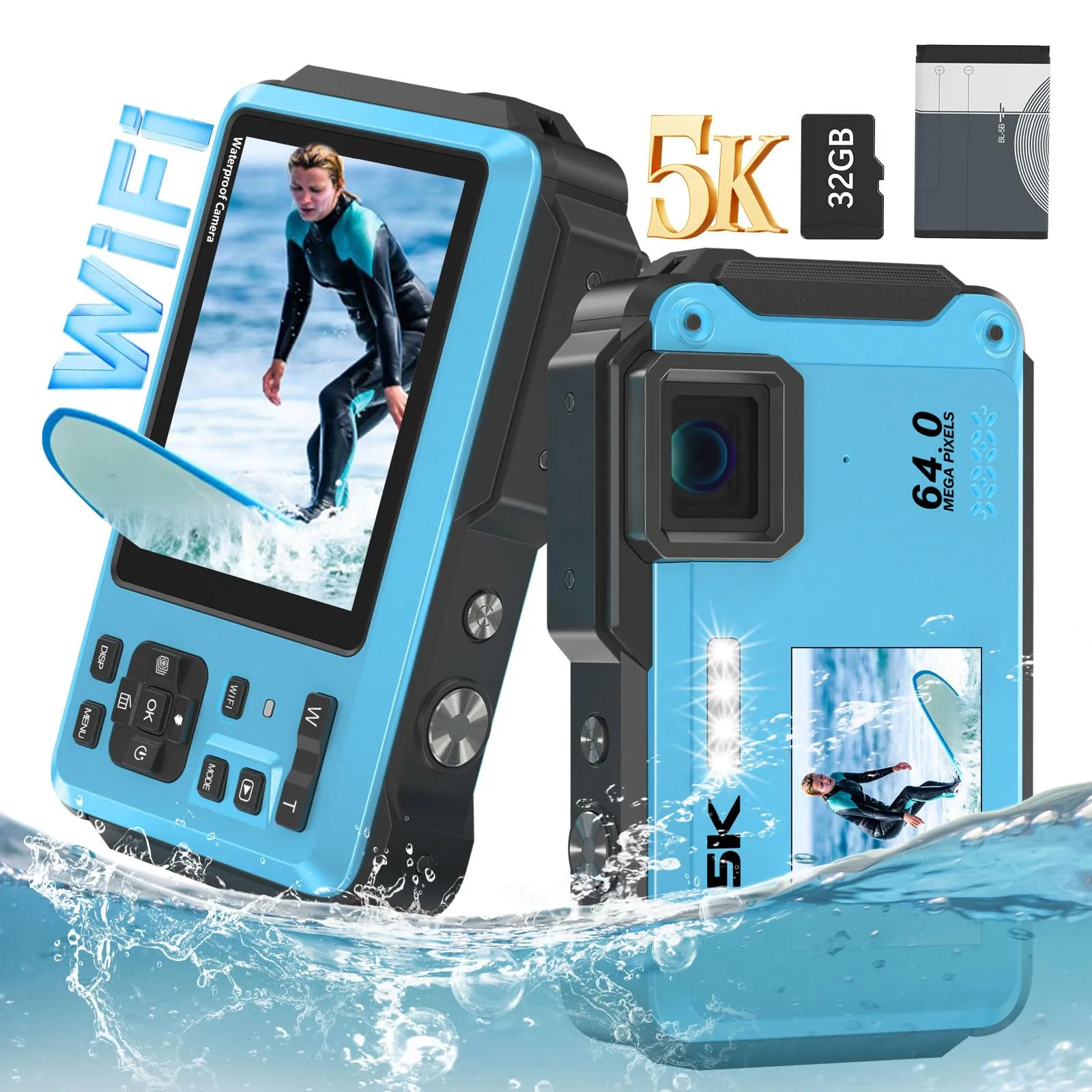 5K 64MP Waterproof Digital Camera, Dual-Screen Selfie, 16X Zoom, 16FT Depth, WiFi, Blue