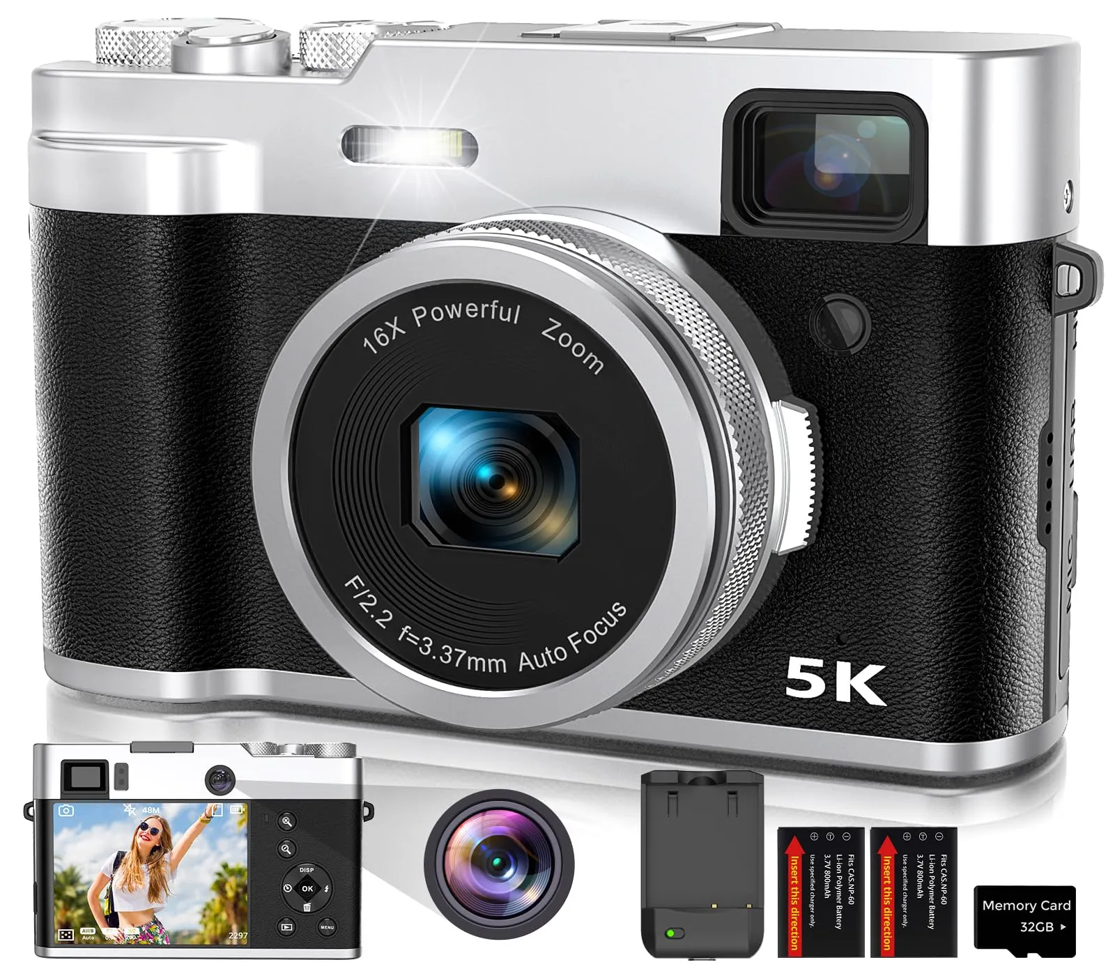 5K Digital Camera with Dual Lens, Autofocus, 16X Zoom, Anti-Shake, Compact Vlogging Camera