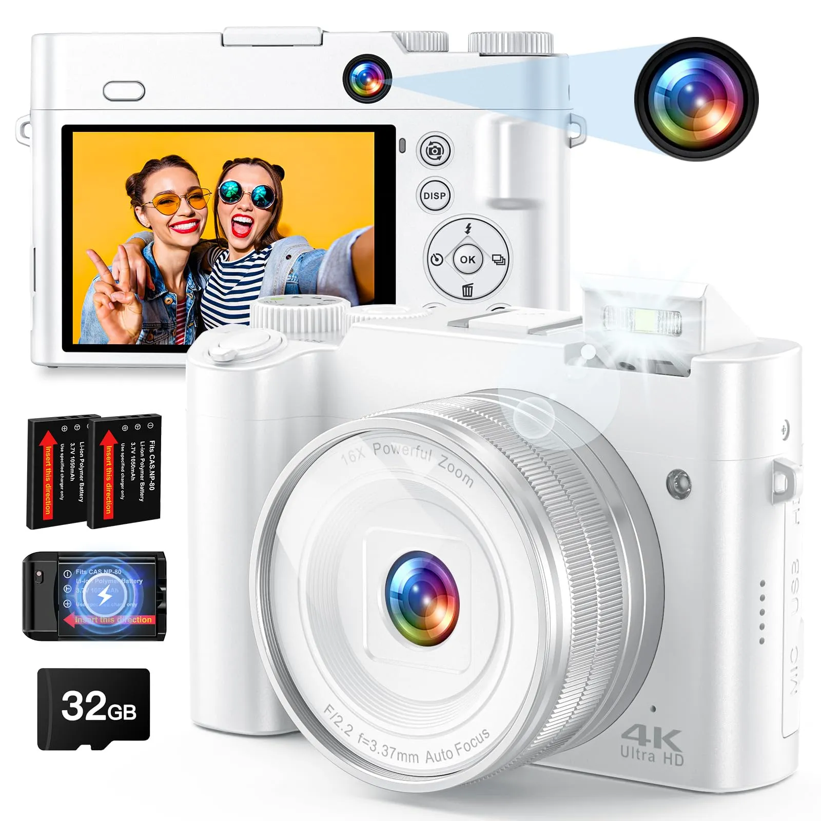 64MP 4K Digital Camera with Autofocus, 16X Zoom, Anti-Shake, 3'' Screen, Flash, White