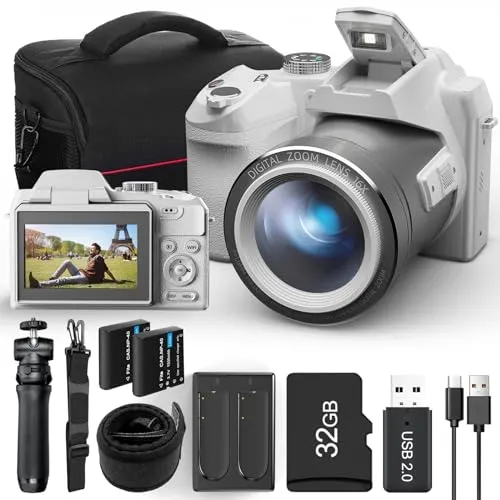 64MP Digital Camera with Autofocus, 4K Vlogging, 16X Anti-Shake, WiFi & App Control, White