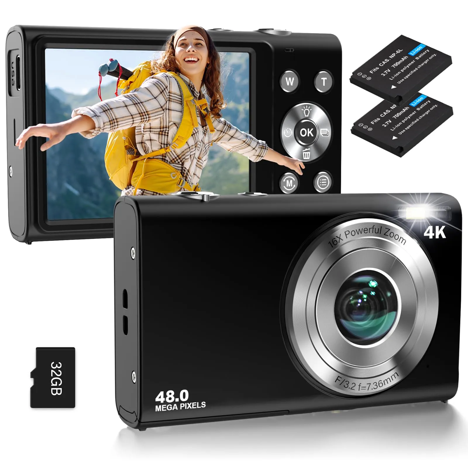 Autofocus UHD 4K Vlogging Camera, 48MP Digital Zoom, Anti-Shake, Compact, Black, 32GB Card