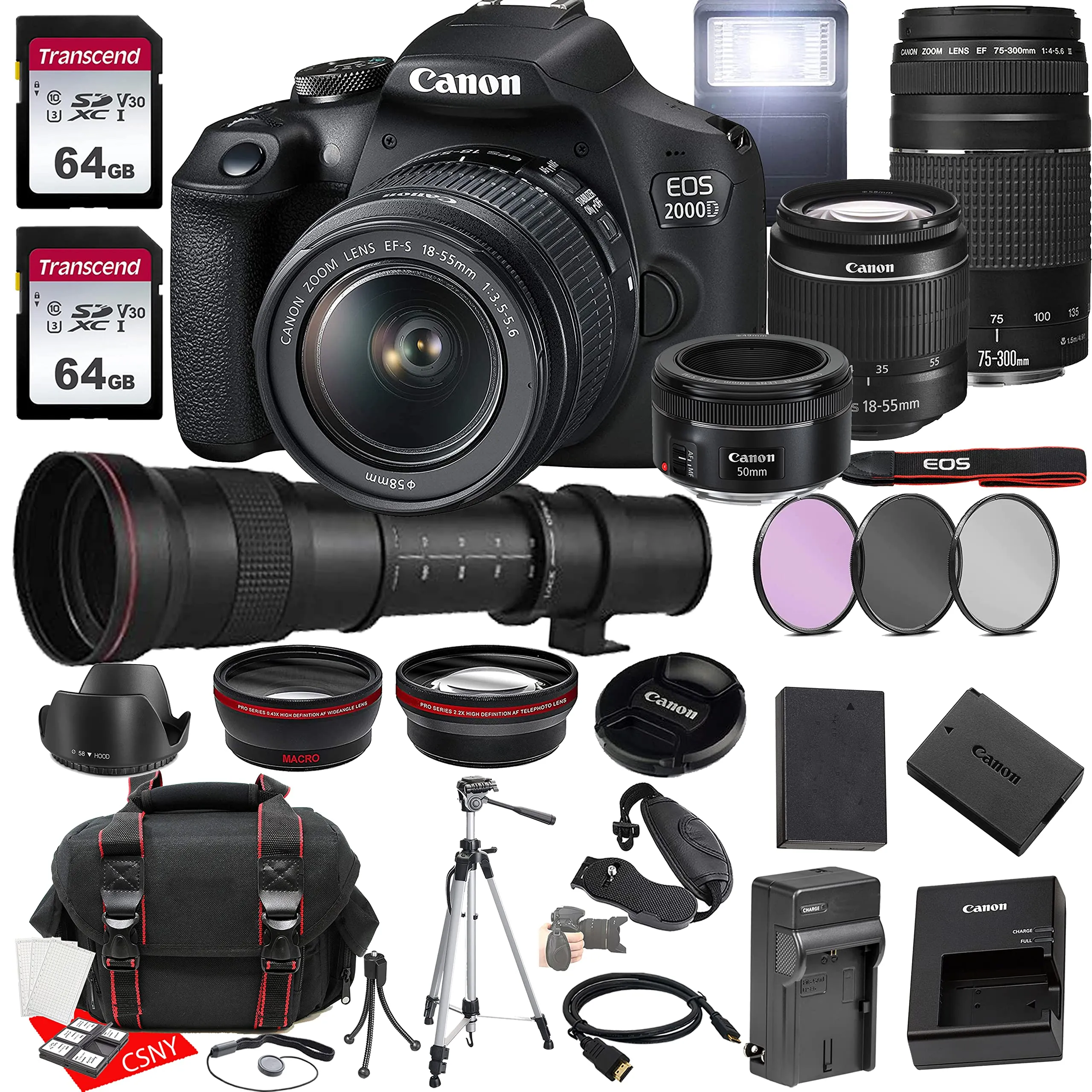 Canon EOS 2000D DSLR Camera Bundle with 18-55mm, 75-300mm, 420-800mm Lenses & More