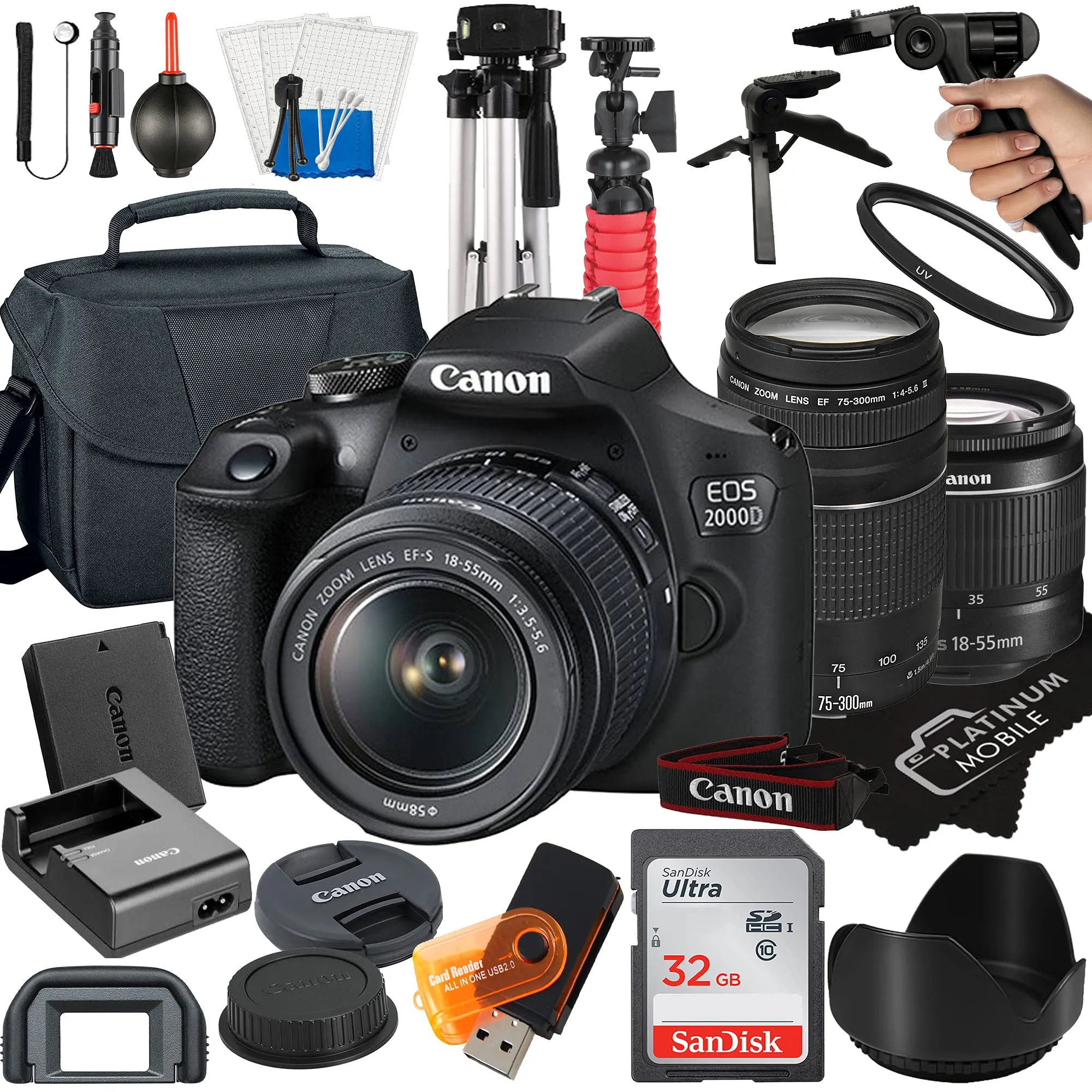 Canon EOS 2000D DSLR Camera Bundle with 18-55mm & 75-300mm Lenses, 32GB Card & Tripod