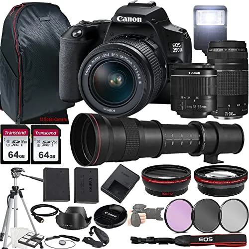 Canon EOS 250D DSLR Camera Bundle with 18-55mm, 75-300mm & 420-800mm Lenses, 64GB Cards