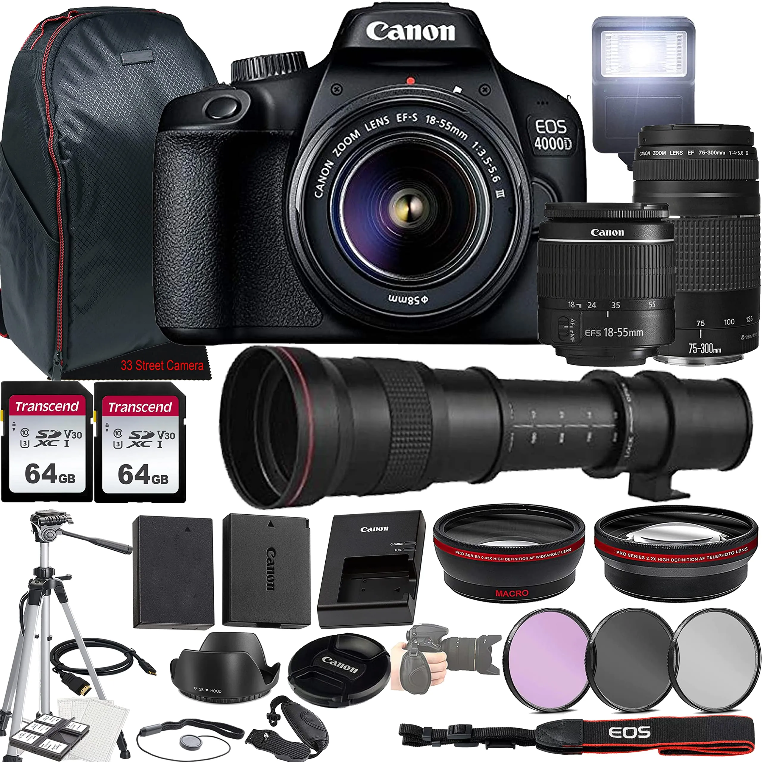 Canon EOS 4000D DSLR Camera Bundle w/18-55mm & 75-300mm Lenses + 420-800mm Lens + Tripod