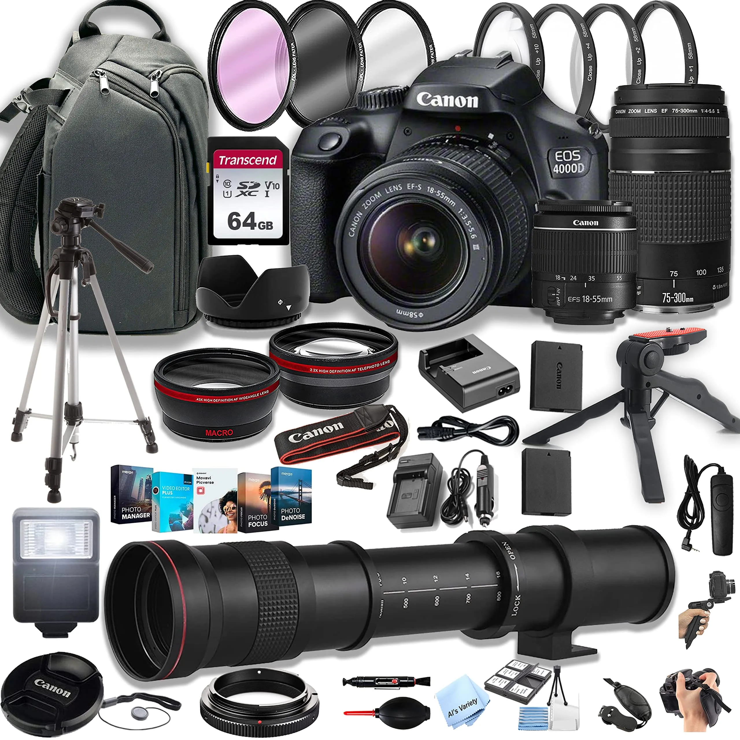 Canon EOS 4000D DSLR Camera Bundle with 18-55mm, 75-300mm, 420-800mm Lenses, 64GB Card