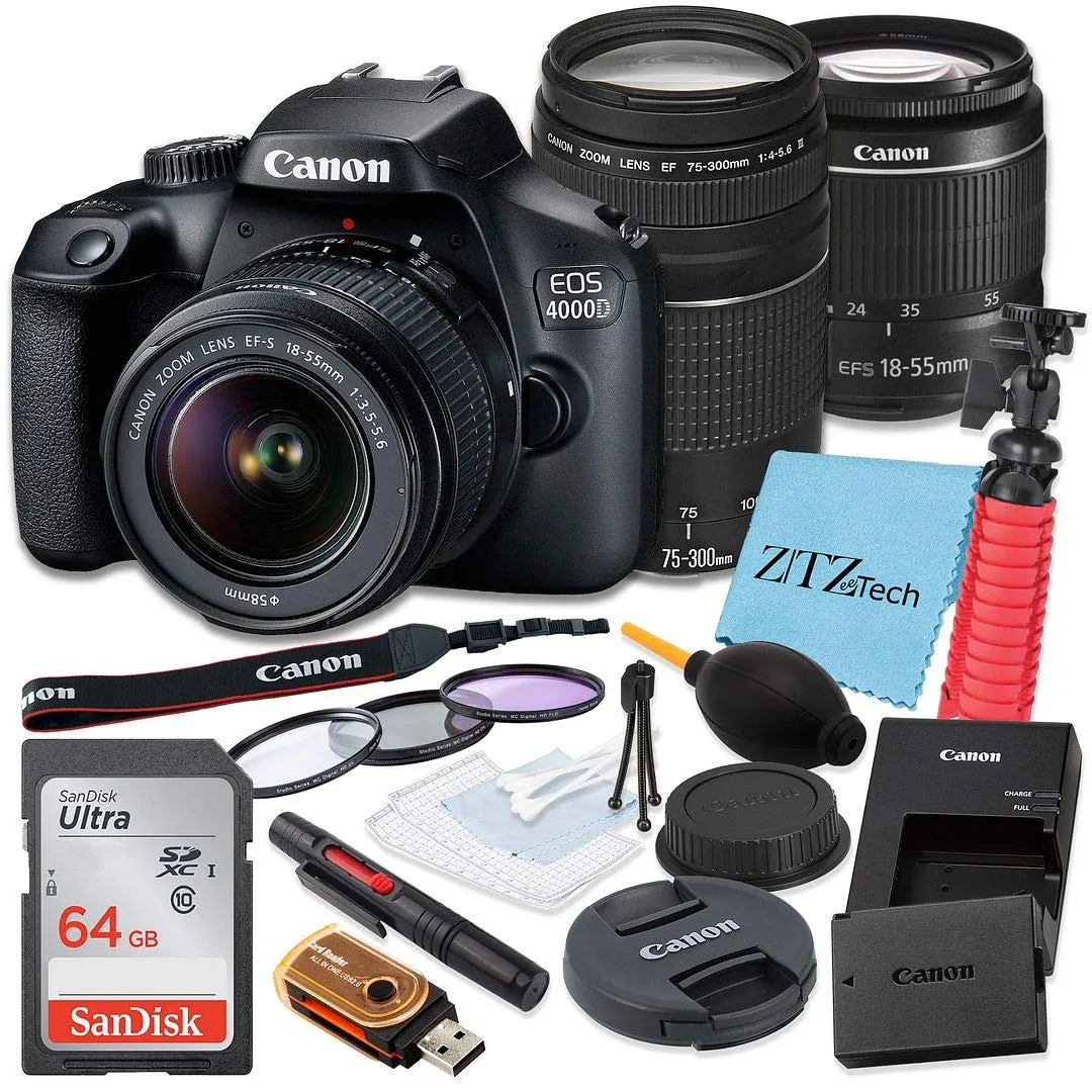 Canon EOS 4000D DSLR Camera Bundle with 18-55mm & 75-300mm Lenses, 64GB Card & Tripod