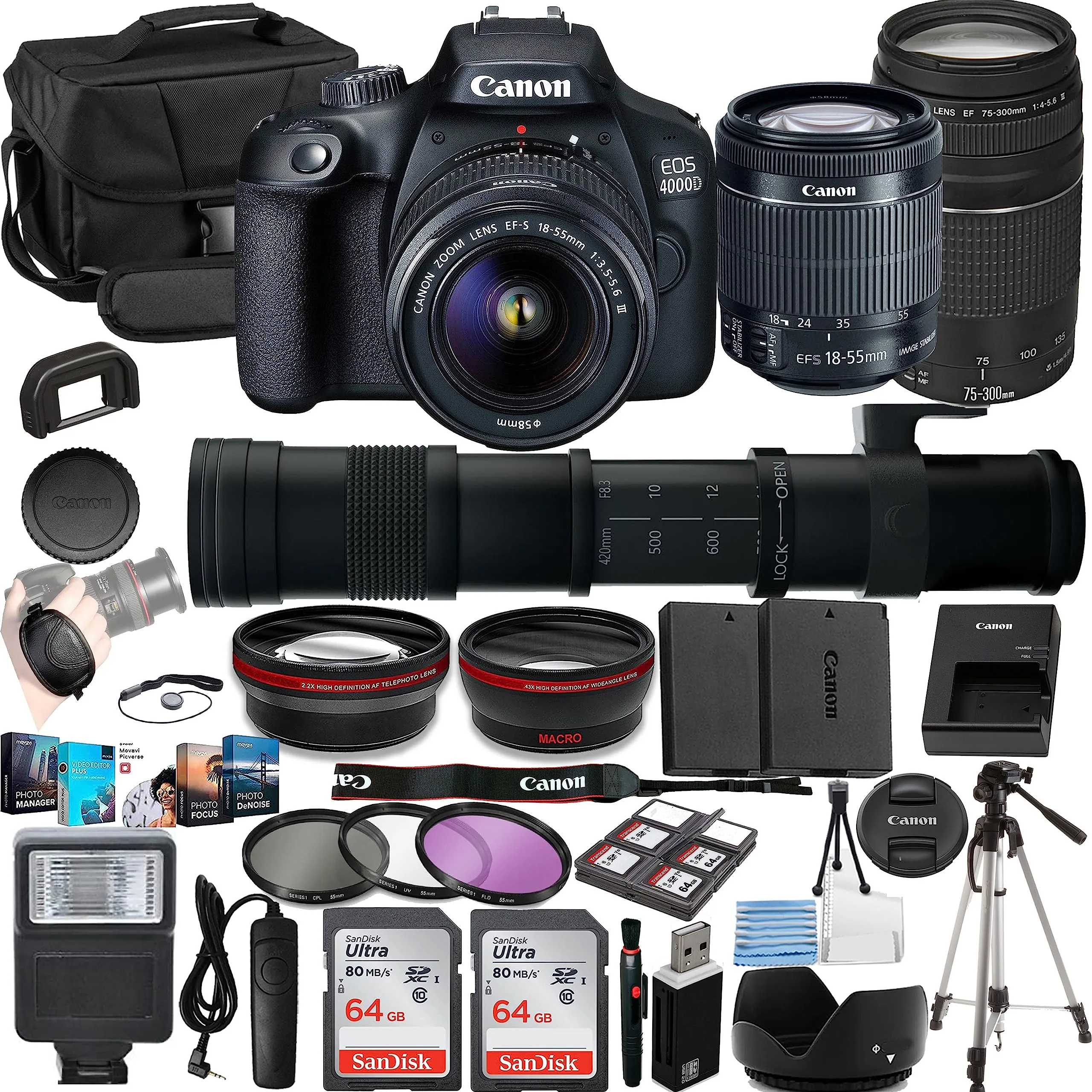 Canon EOS 4000D Vlogger Kit with 18-55mm, 75-300mm, 420-800mm Lenses & Accessories