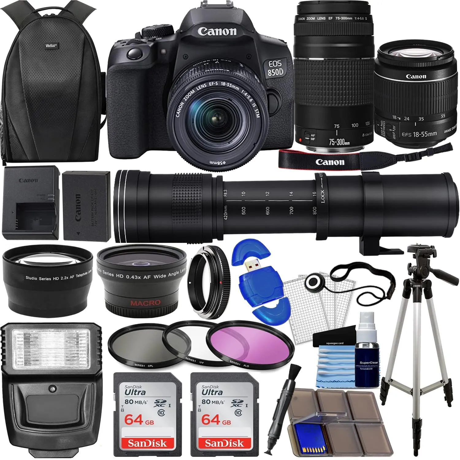 Canon EOS 850D DSLR Camera Bundle with 18-55mm, 75-300mm, 420-800mm Lenses, Case & Tripod