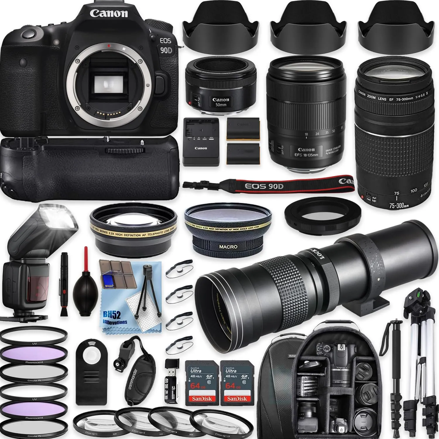 Canon EOS 90D DSLR Camera Bundle with 18-135mm, 50mm, 75-300mm, 420-800mm Lenses + Flash