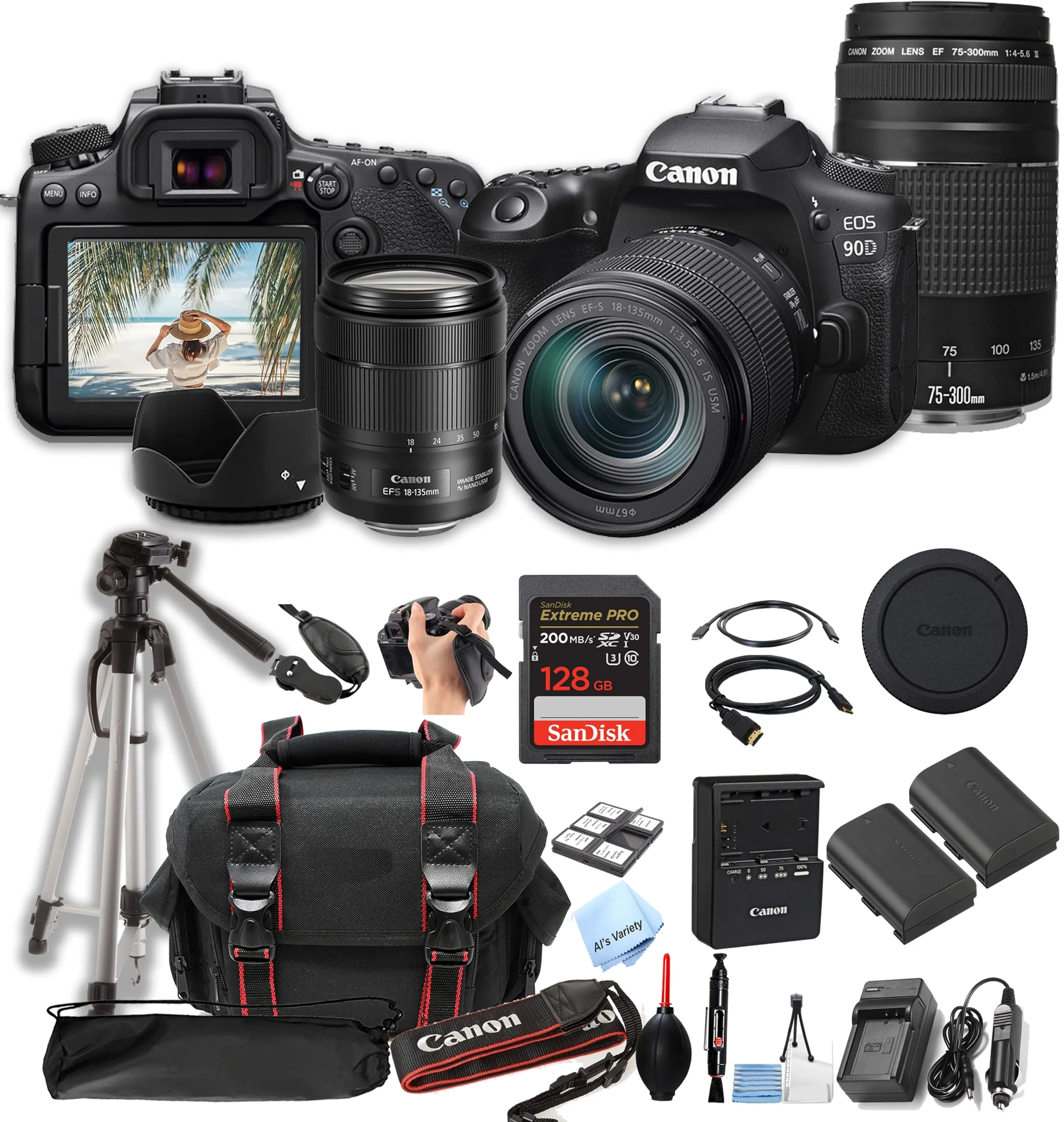 Canon EOS 90D DSLR Professional Bundle w/18-135mm & 75-300mm Lenses, 128GB Memory, Tripod