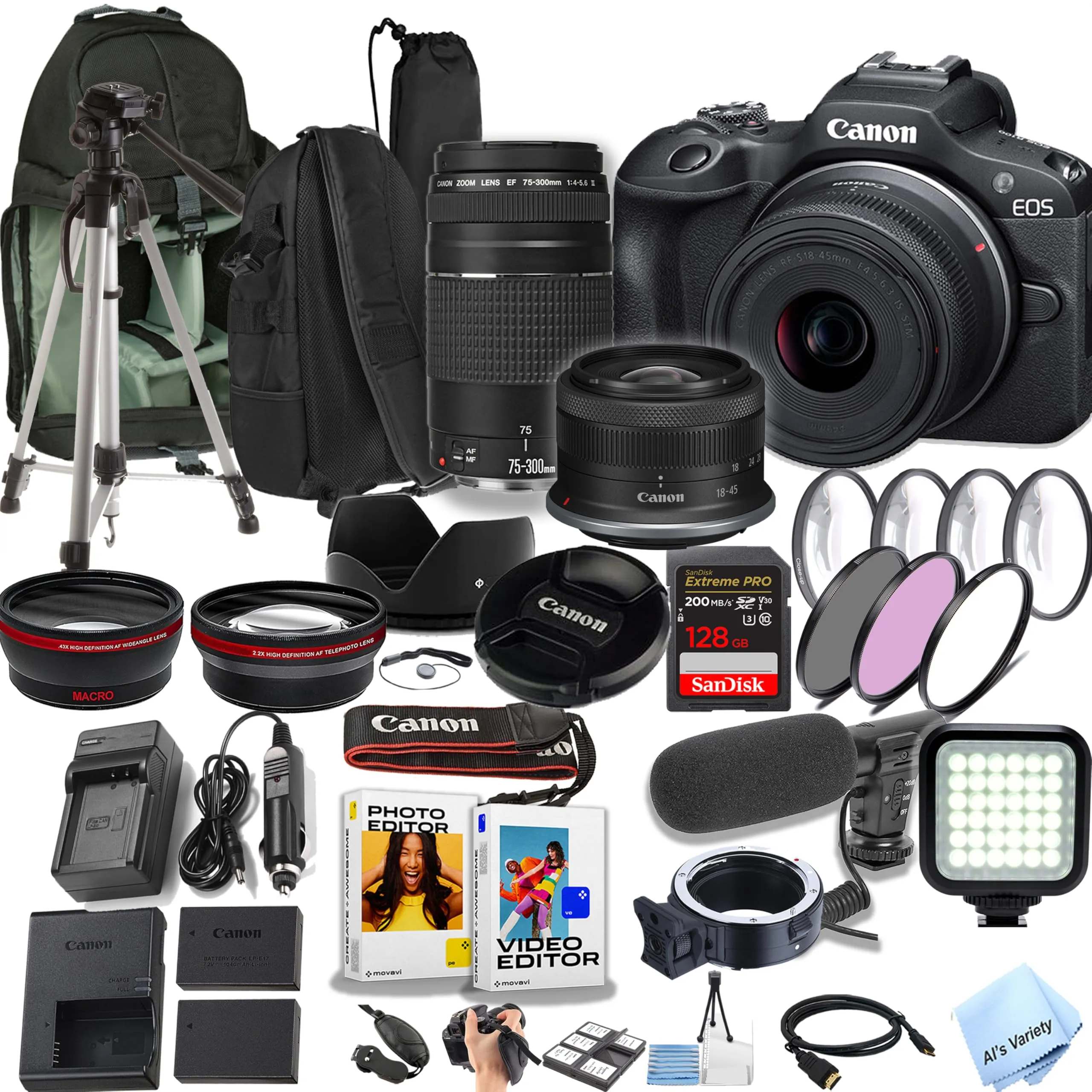 Canon EOS R100 24.2MP Mirrorless Camera with 18-45mm & 75-300mm Lenses, 128GB Bundle