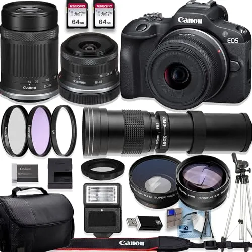 Canon EOS R100 Mirrorless Camera Bundle with 18-45mm & 55-210mm Lenses, 420-800mm Telephoto