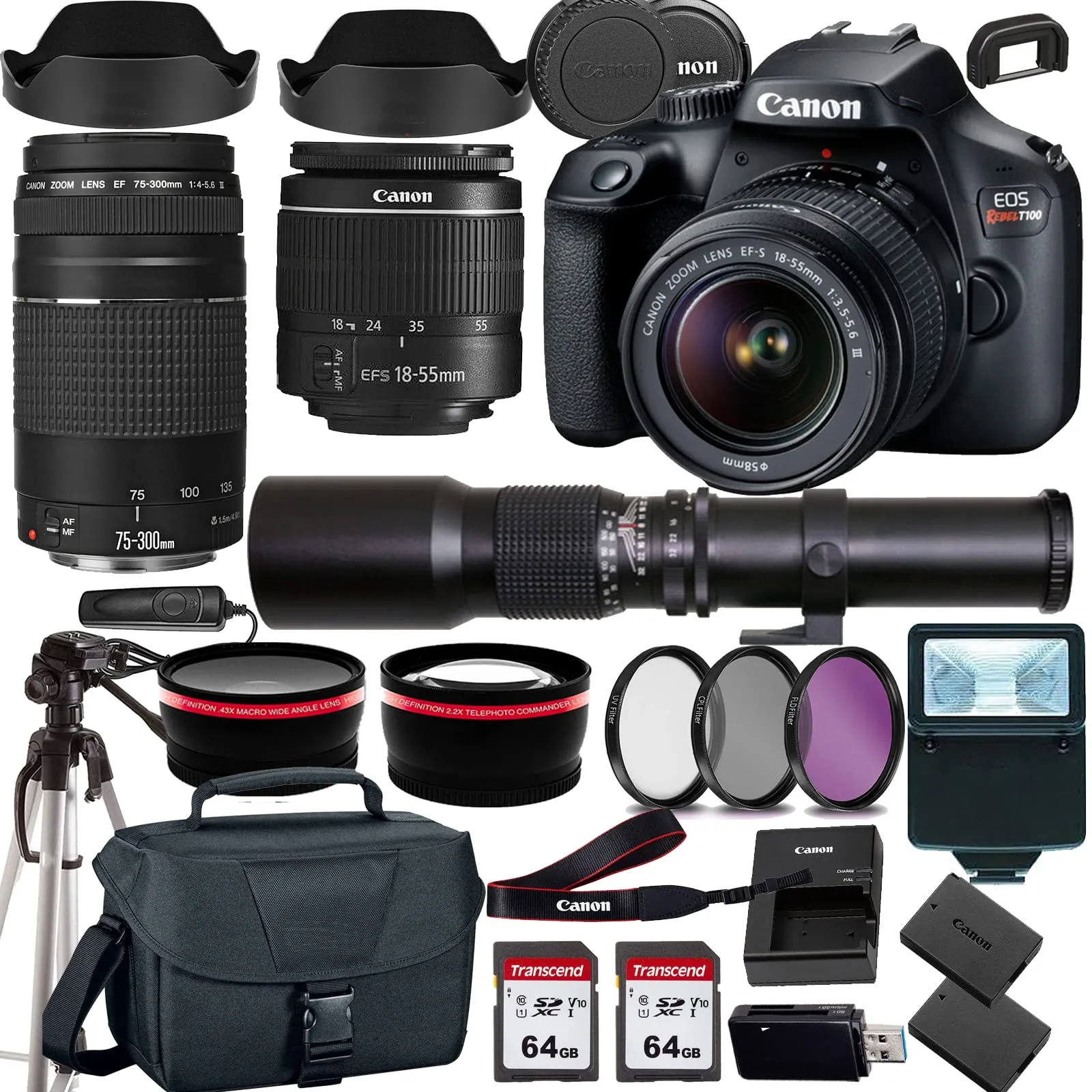 Canon EOS Rebel T100/4000D DSLR Camera Bundle with 18-55mm, 75-300mm, 500mm Lenses & Case