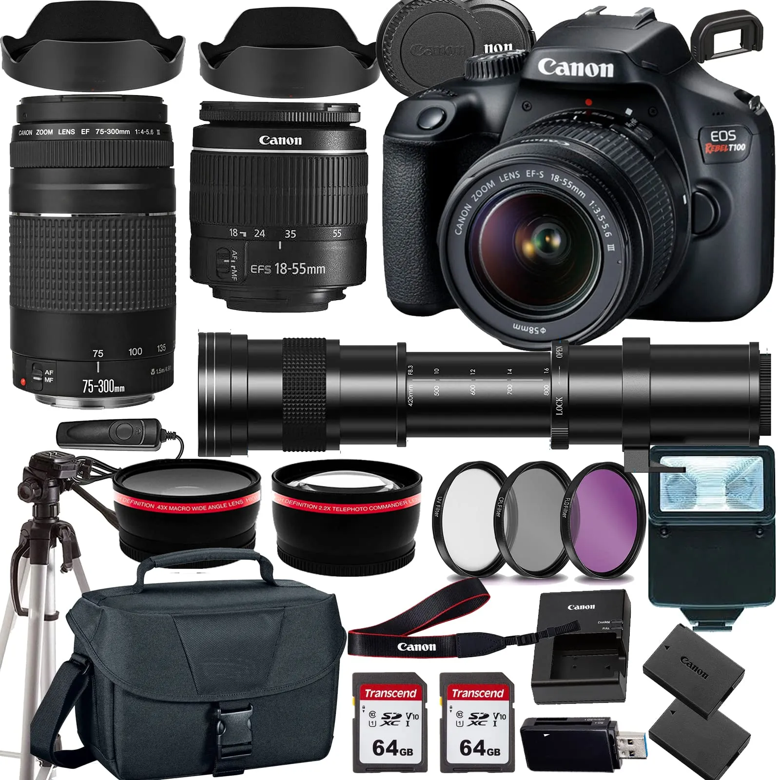 Canon EOS Rebel T100/4000D DSLR Camera Bundle with 18-55mm, 75-300mm & 420-800mm Zoom Lenses