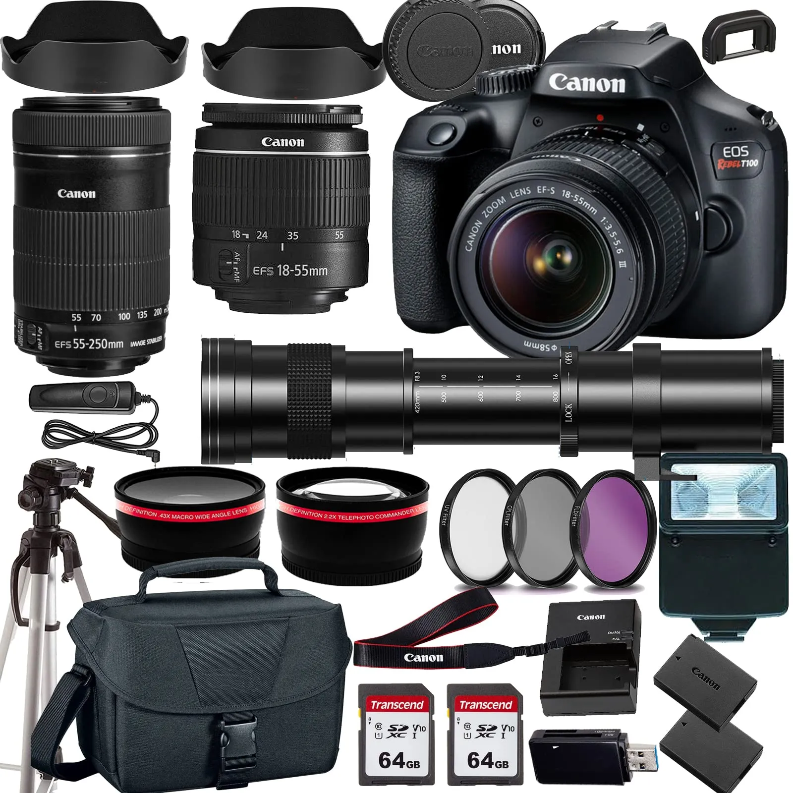 Canon EOS Rebel T100/4000D DSLR Camera Bundle with 18-55mm & 55-250mm Lens, 420-800mm Telephoto