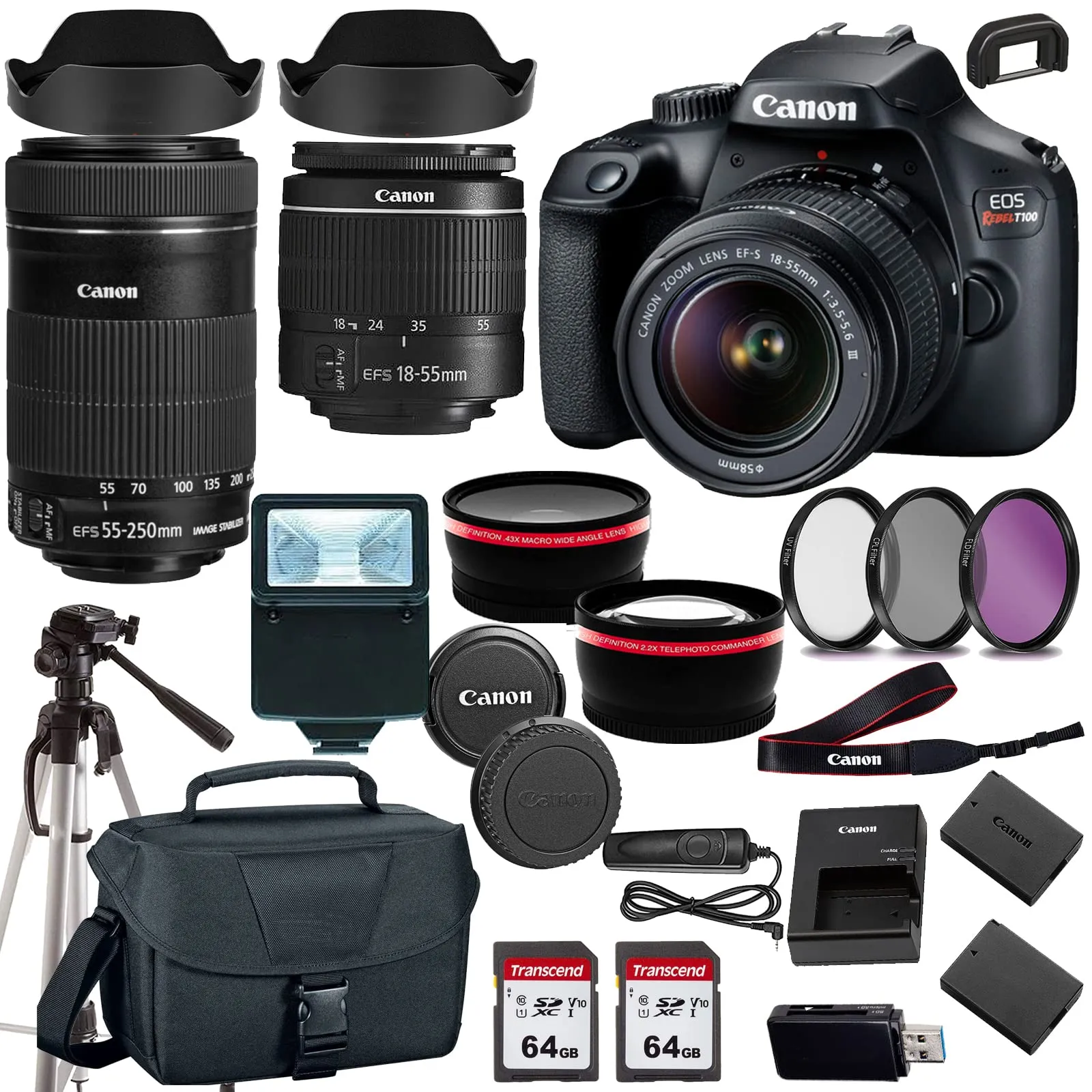 Canon EOS Rebel T100/4000D DSLR Camera Bundle with 18-55mm & 55-250mm Lenses, Renewed