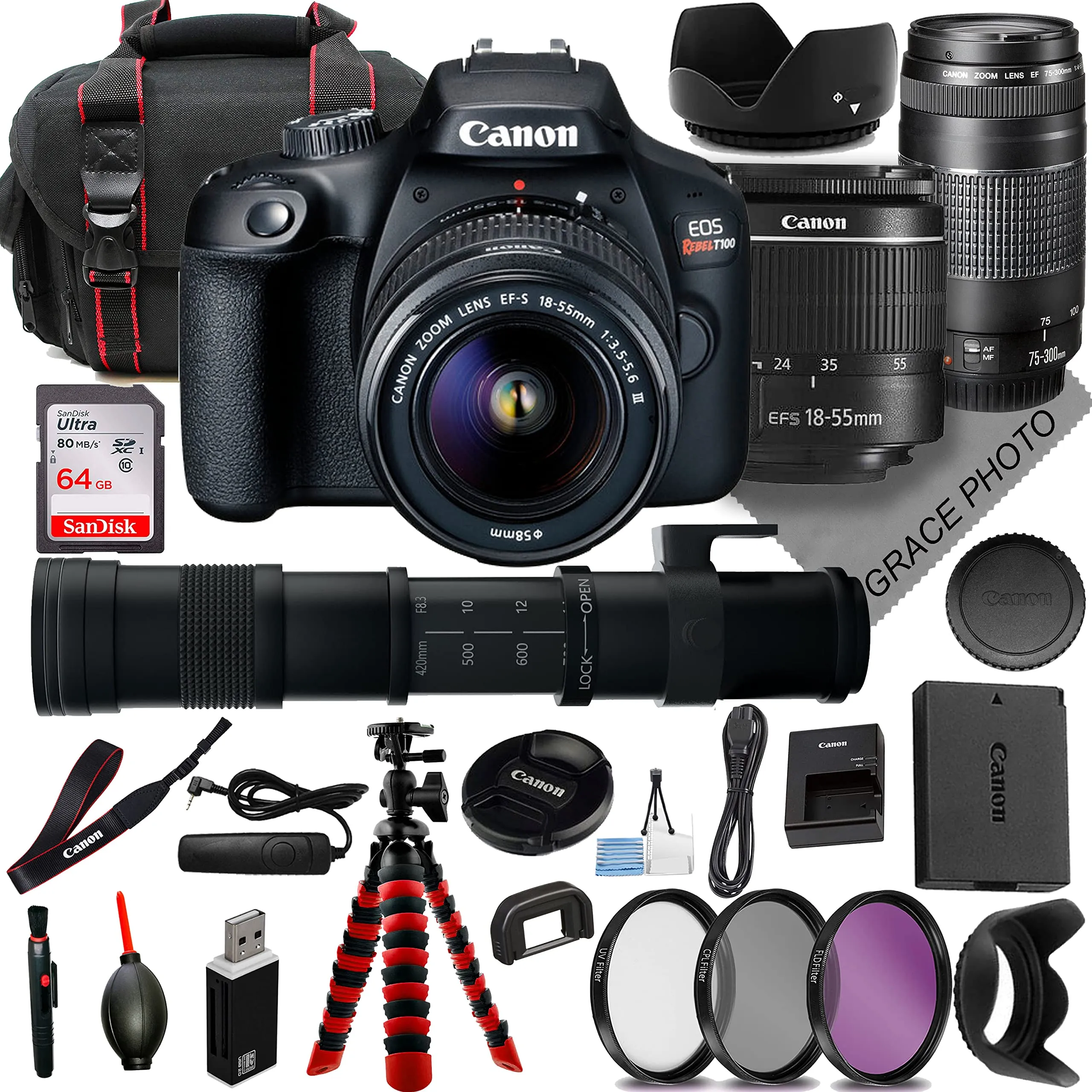 Canon Rebel T100 Bundle with 18-55mm, 75-300mm, 420-800mm Lenses, Tripod, 64GB Card, Case