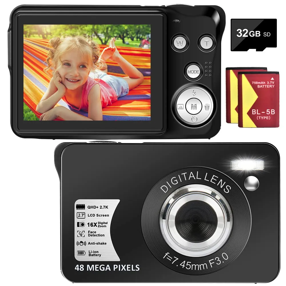 Compact 16X Digital Camera with 32GB SD Card, 2 Batteries, 48MP, Lightweight, Black