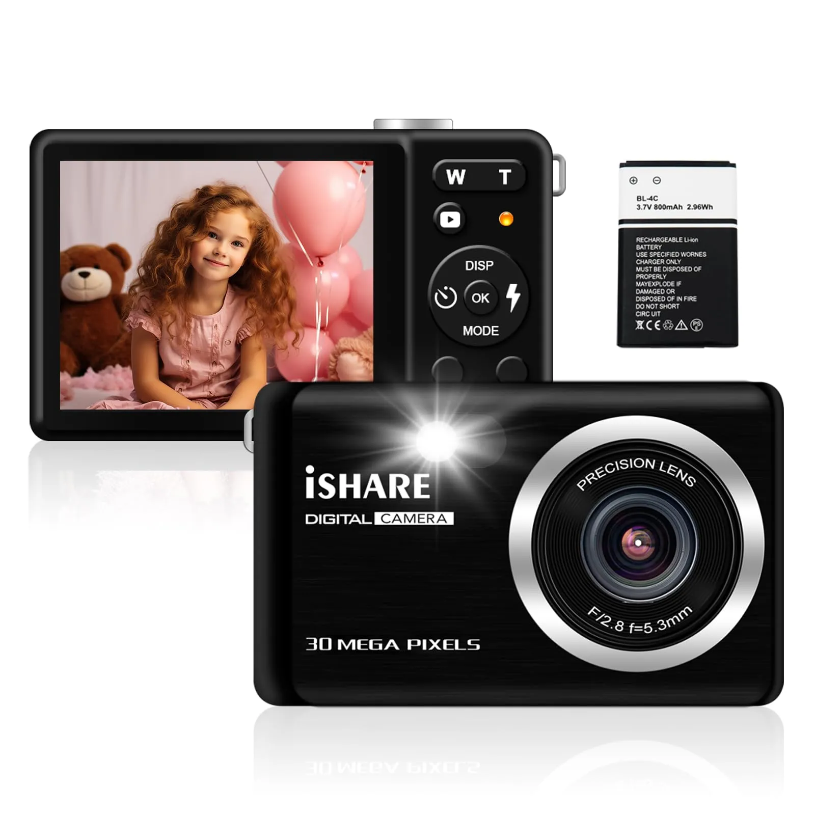 Digital Camera 30MP 1080P Rechargeable Compact Camera for Kids/Teens/Seniors - Black