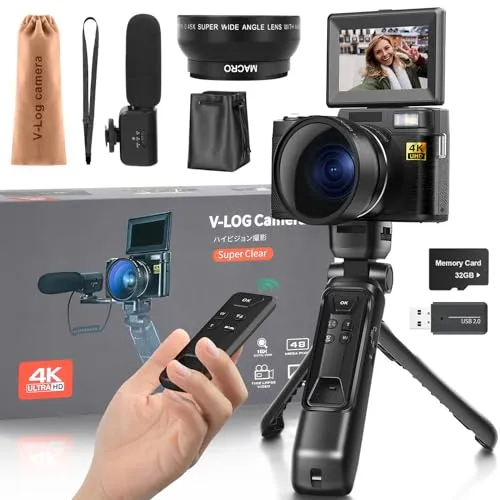 Digital Camera 4K Vlogging Kit with 48MP Photos, Tripod Grip, Microphone, Wide-Angle Lens