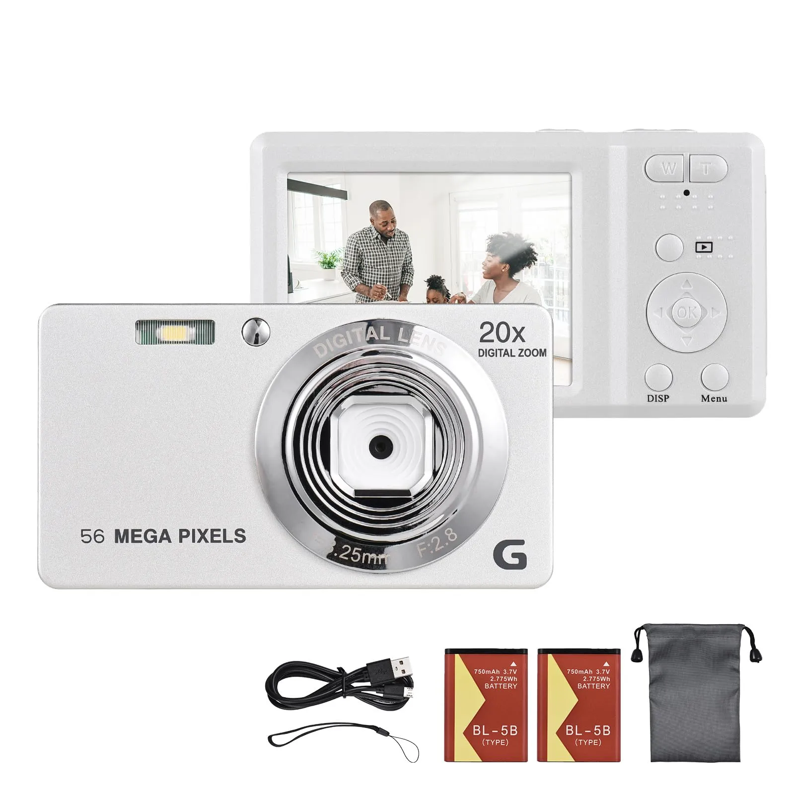 Digital Camera 56MP 4K Ultra 20X Zoom with Self-Timer, Face Detection & Built-in Flash