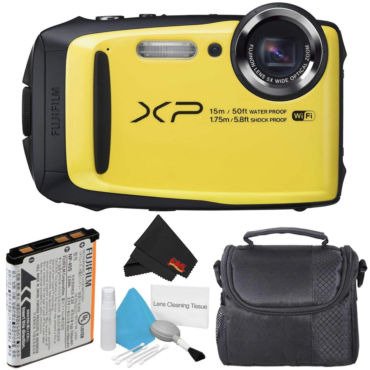 Fujifilm FinePix XP90 Yellow Waterproof Digital Camera Bundle with Case, 16.4MP, 5x Zoom