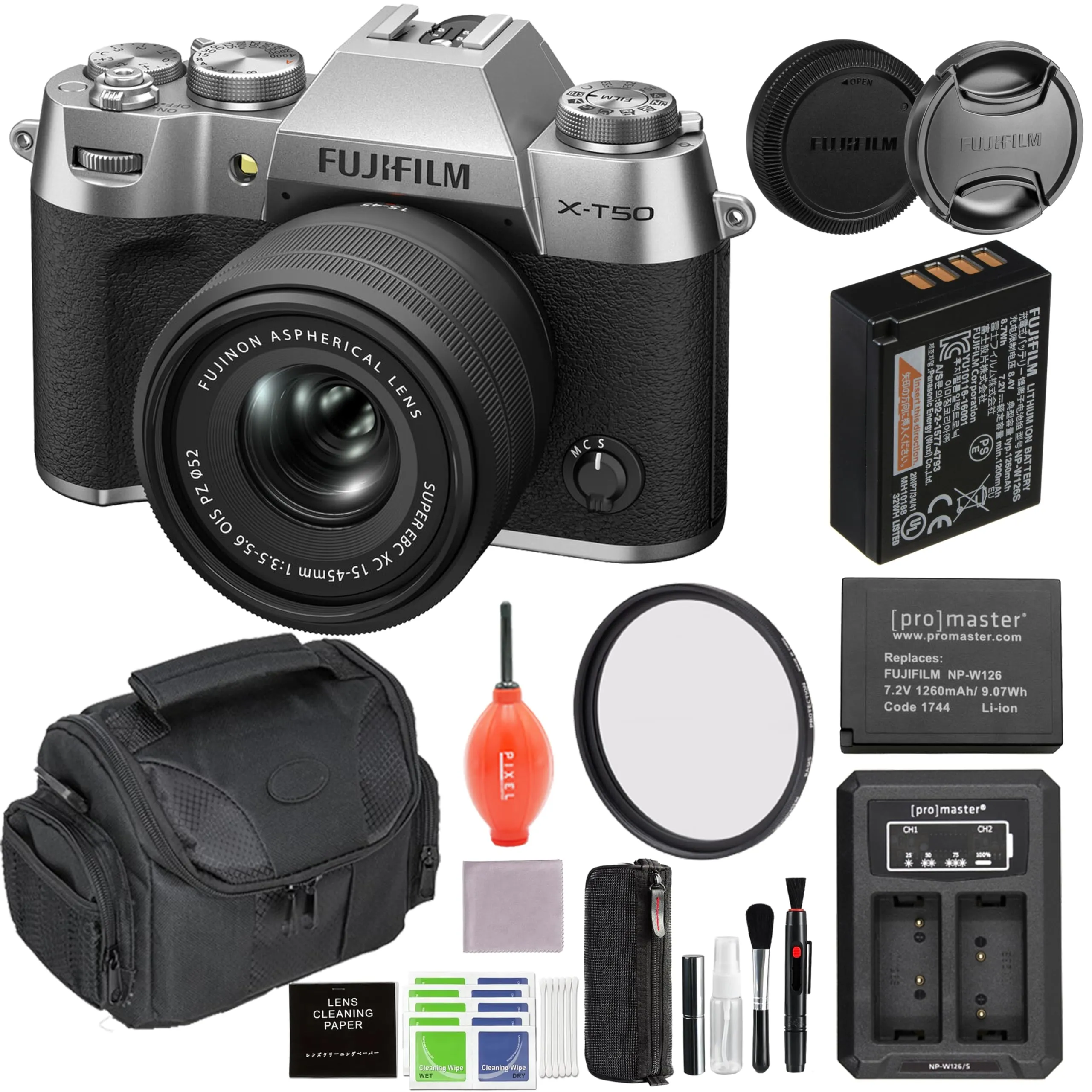 Fujifilm X-T50 Mirrorless Camera Bundle with 15-45mm Lens, Battery, Charger & Accessories