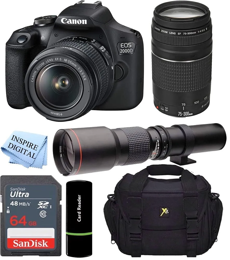 Inspire Digital Canon EOS Rebel 2000D DSLR Camera Bundle with 18-55mm & 75-300mm Lenses