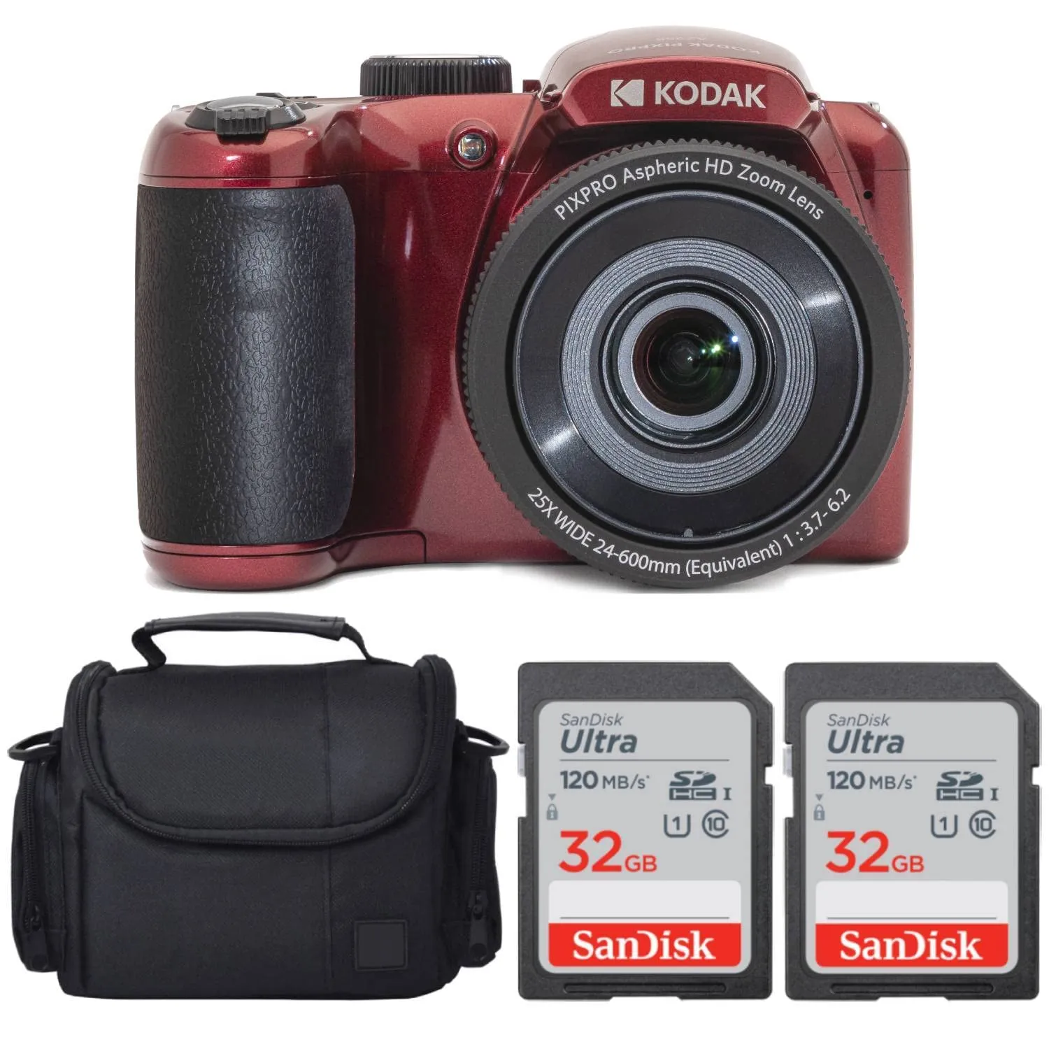 Kodak PIXPRO AZ255 25X Optical Zoom 16MP Digital Camera (Red) + 32GB Card + Case