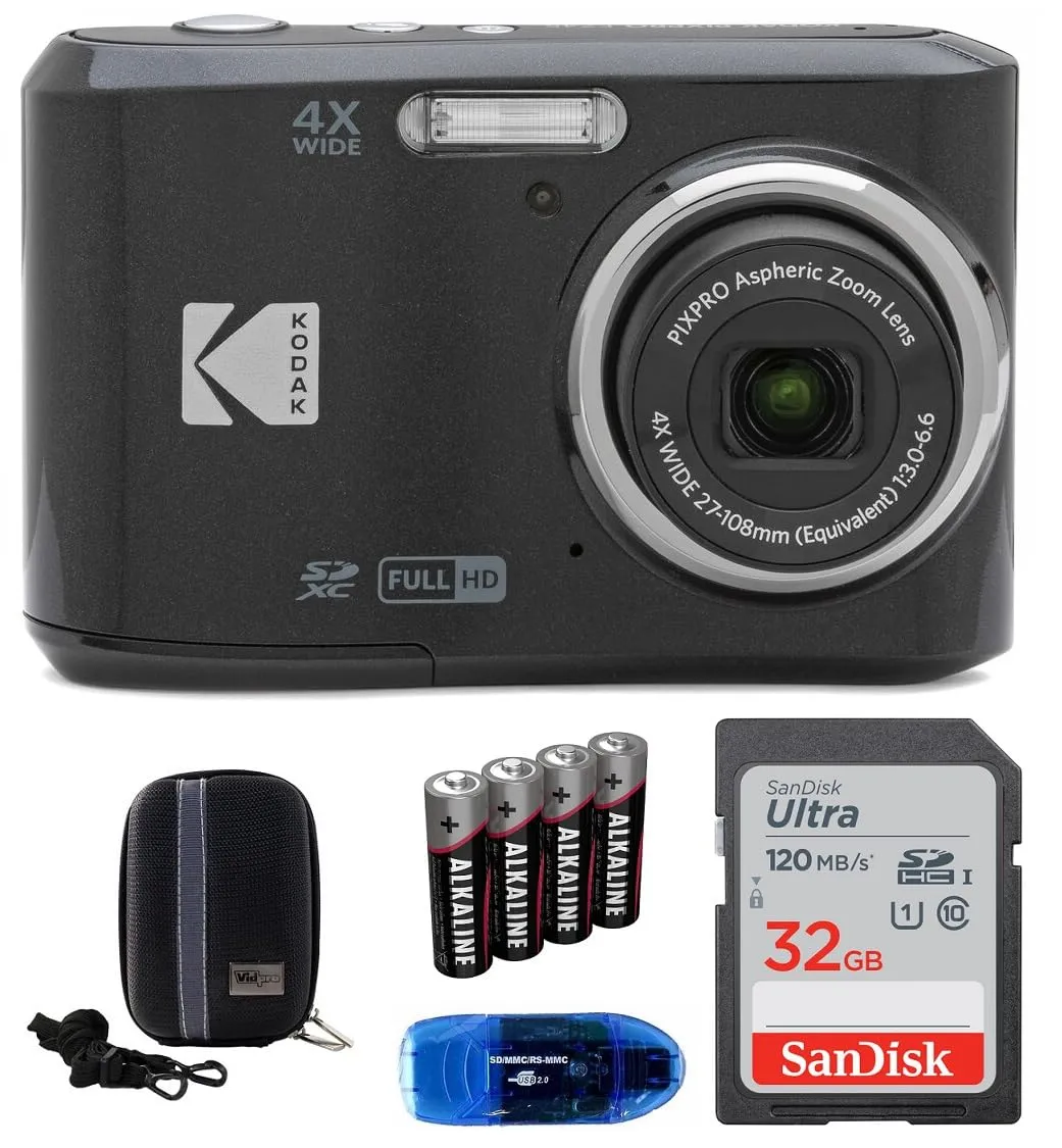 KODAK Pixpro FZ45 Digital Camera Bundle with 32GB Card, Batteries, Case & Reader (Black)