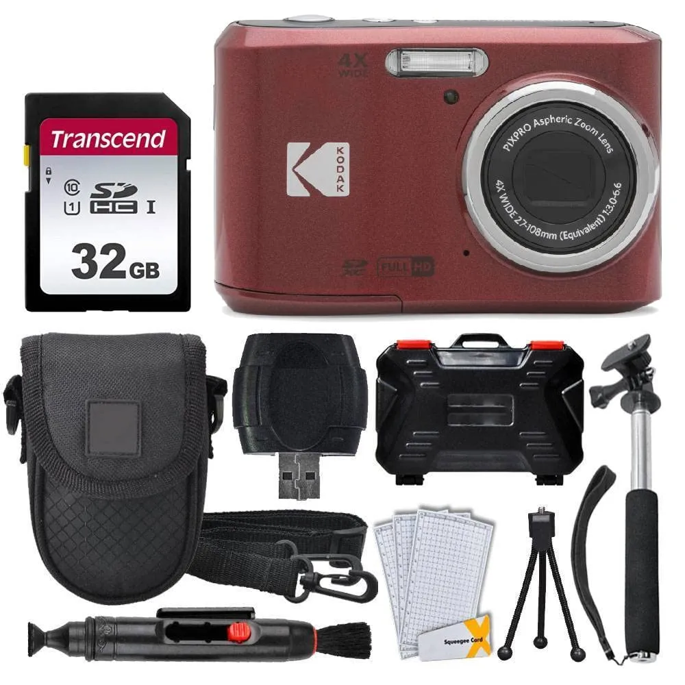 Kodak PIXPRO FZ45 Digital Camera Bundle with 32GB Card, Case, Monopod, Red