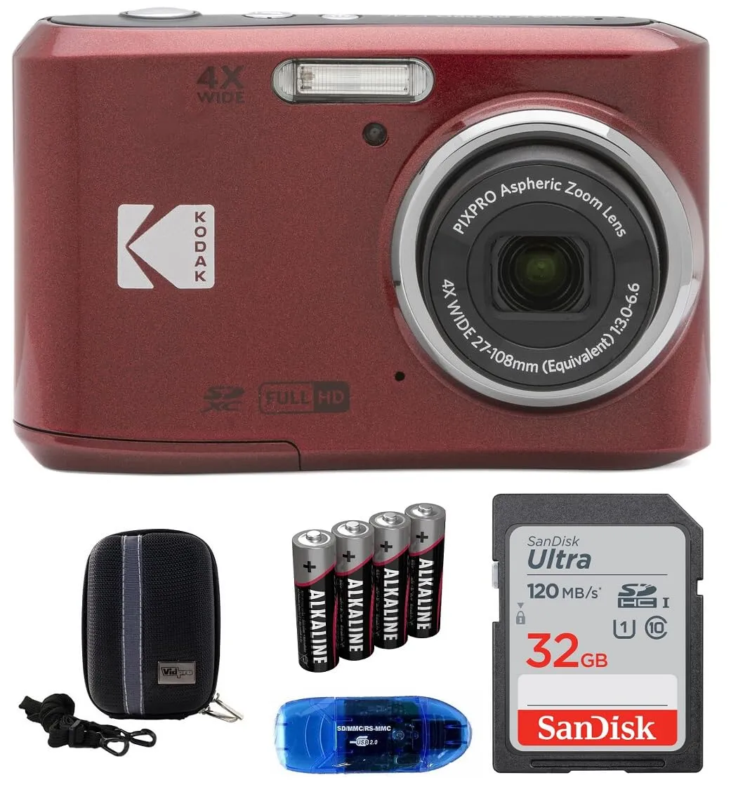 KODAK Pixpro FZ45 Digital Camera Bundle with SanDisk 32GB Card, Batteries, Case, Red