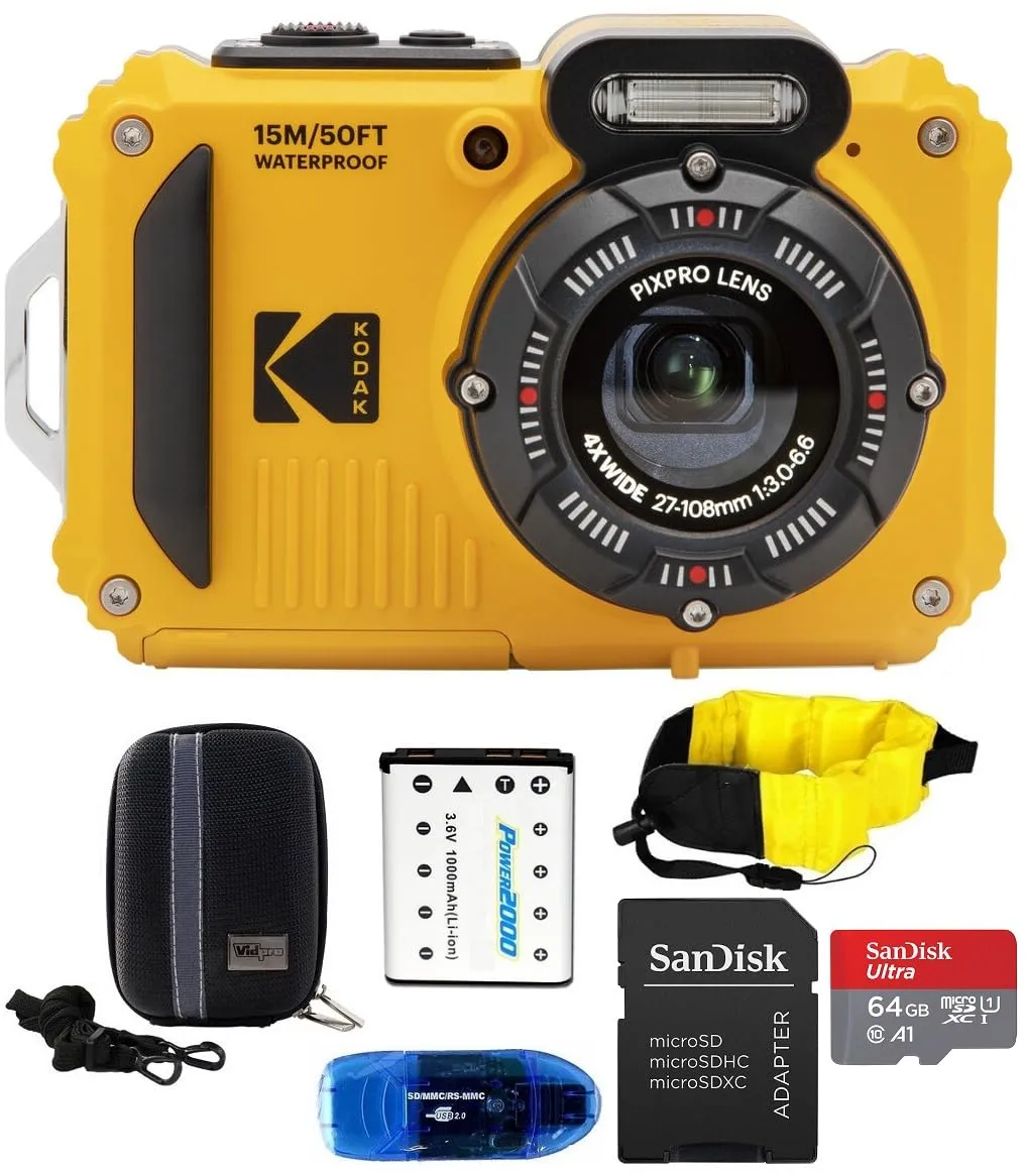 KODAK PIXPRO WPZ2 Waterproof Digital Camera Bundle with 64GB Card, Battery & Case (Yellow)