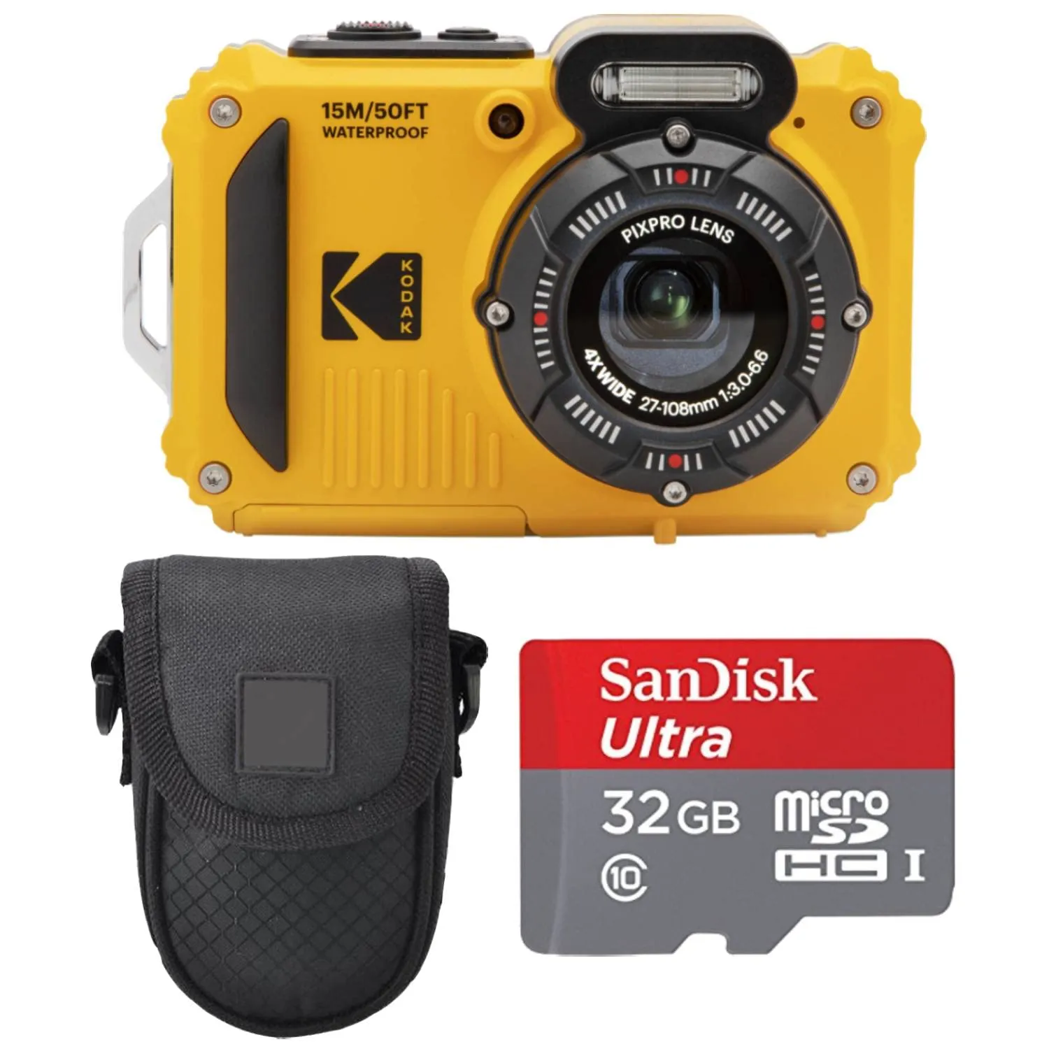 Kodak PIXPRO WPZ2 Waterproof Digital Camera Bundle with Case & 32GB microSD Card (Yellow)