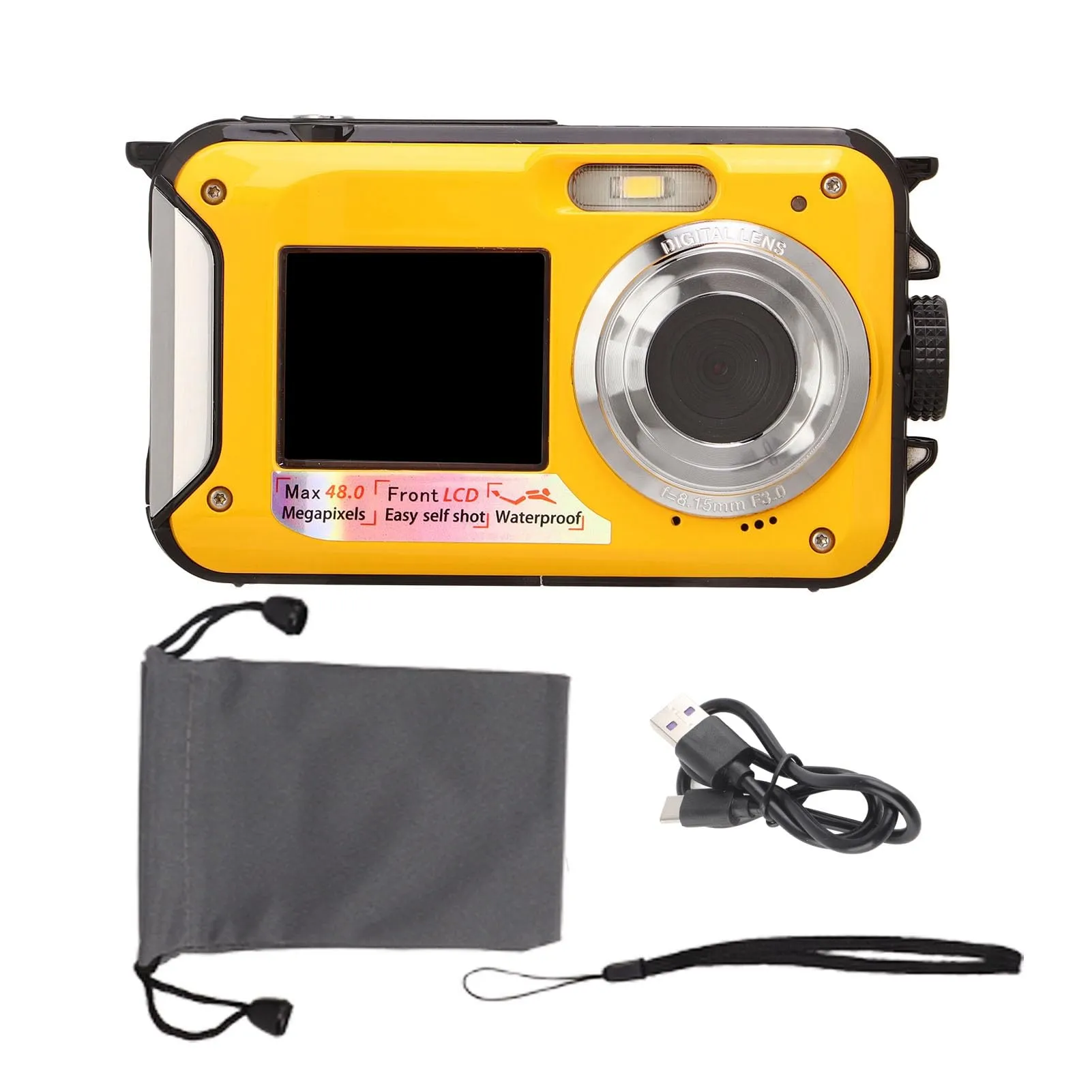 MUNEFE 2.7K 48MP Waterproof Camera with Dual Screens, 16X Zoom, 10ft Depth, Yellow