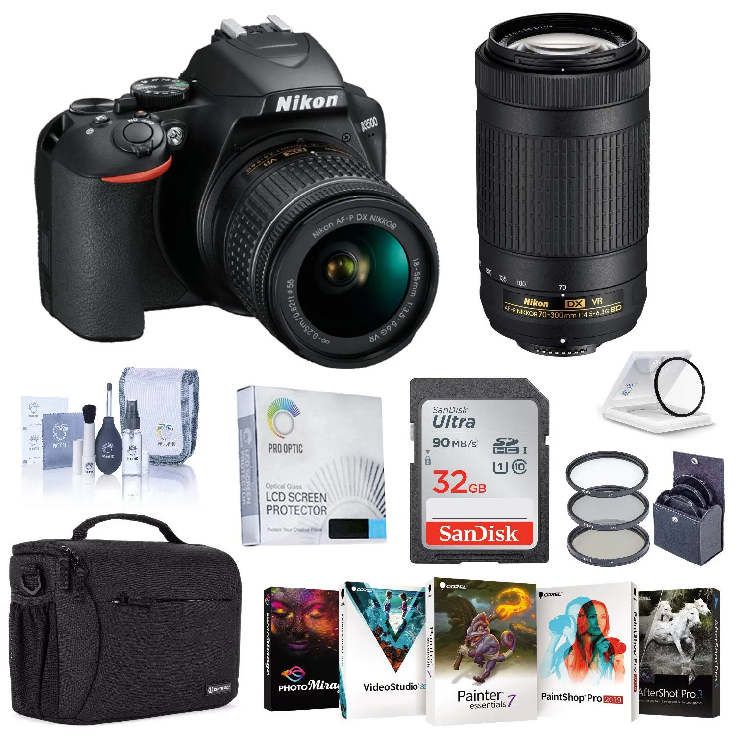 Nikon D3500 DSLR Camera Bundle with 18-55mm & 70-300mm Lenses, 32GB Card, Editing Software