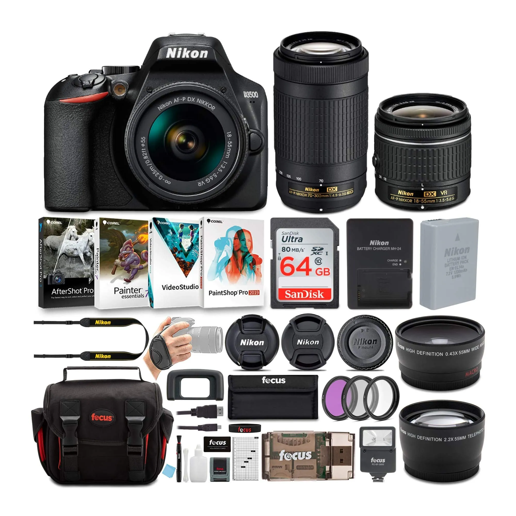 Nikon D3500 DSLR Camera Bundle with 18-55mm & 70-300mm Lenses, 64GB Card & Accessories